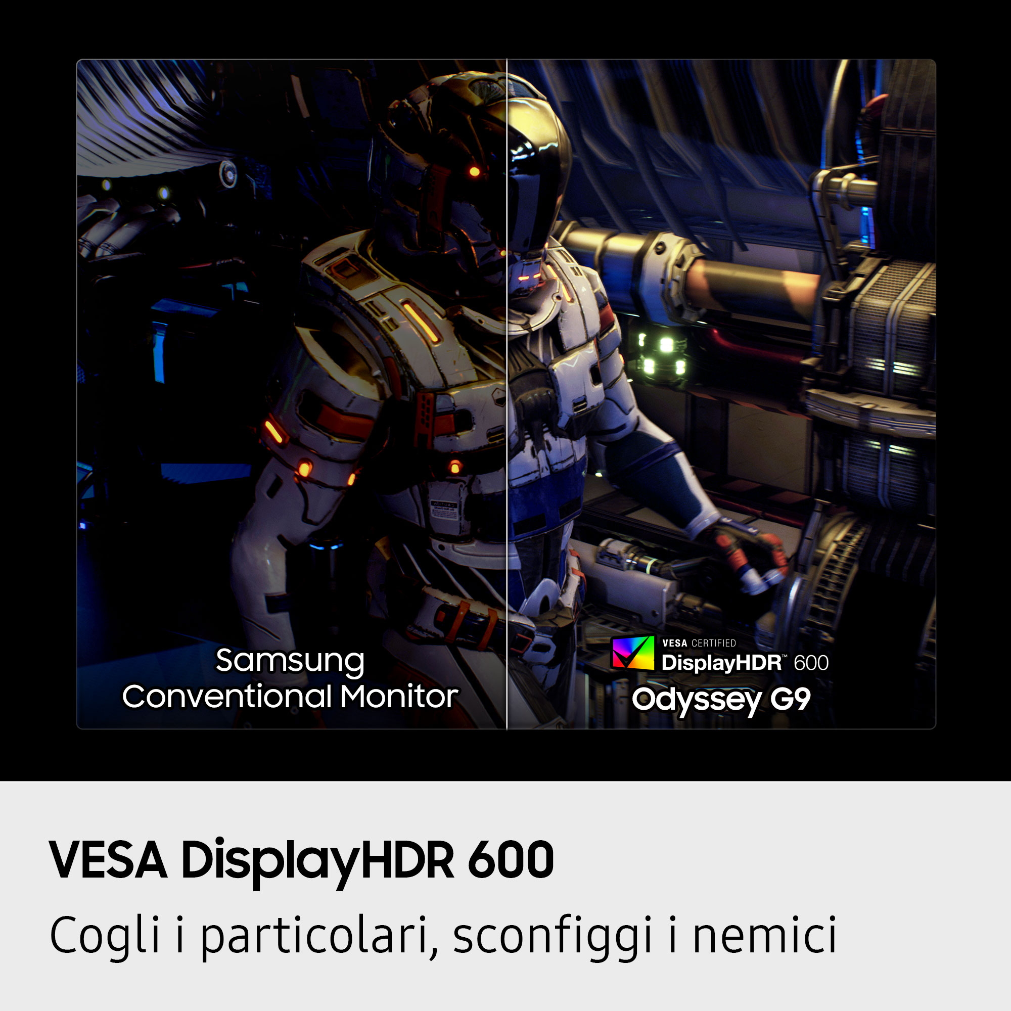 Podzielony ekran pokazujący różnicę między monitorem Samsung a Odyssey G9.