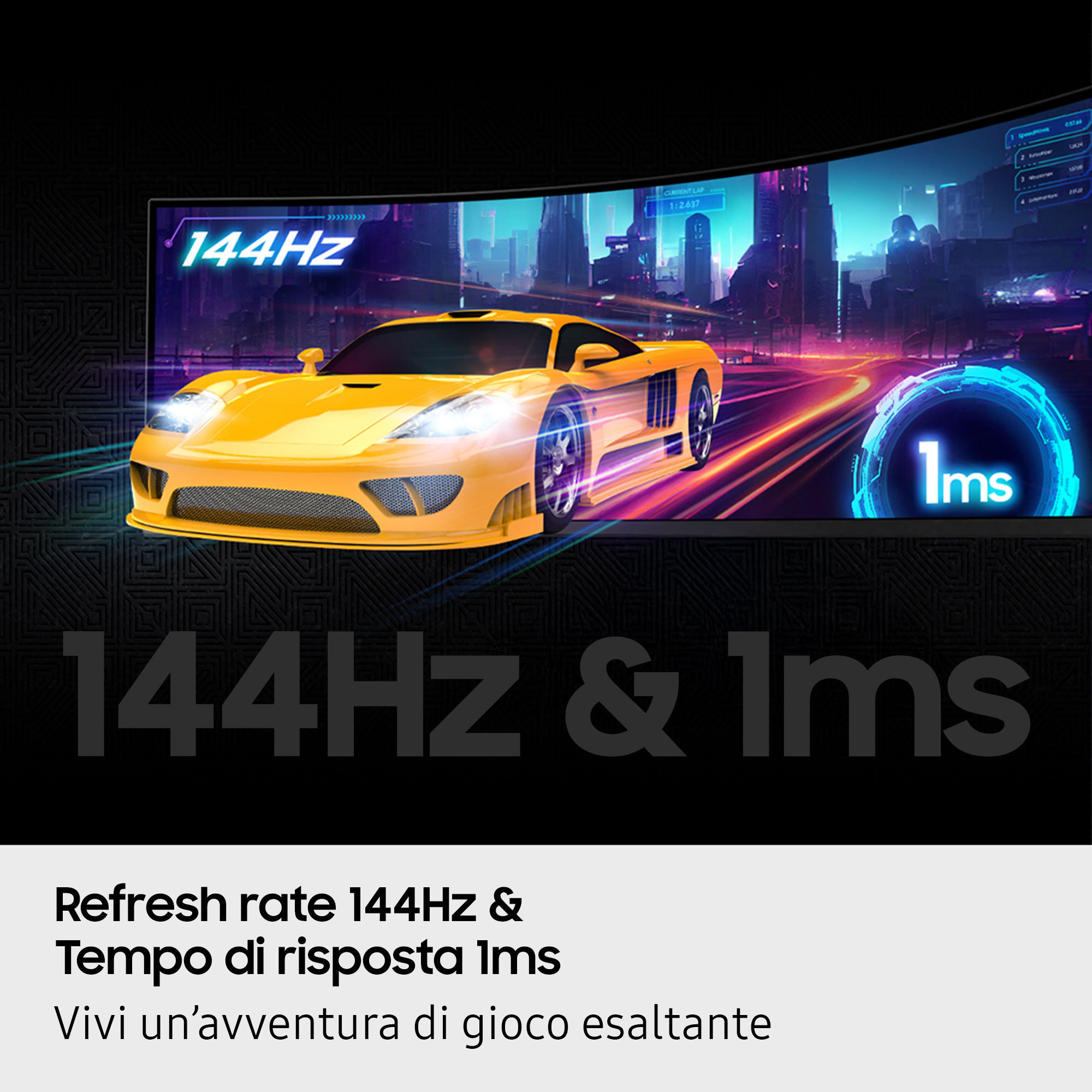 Monitor z żółtym samochodem na ekranie, pokazujący częstotliwość odświeżania i czas reakcji.