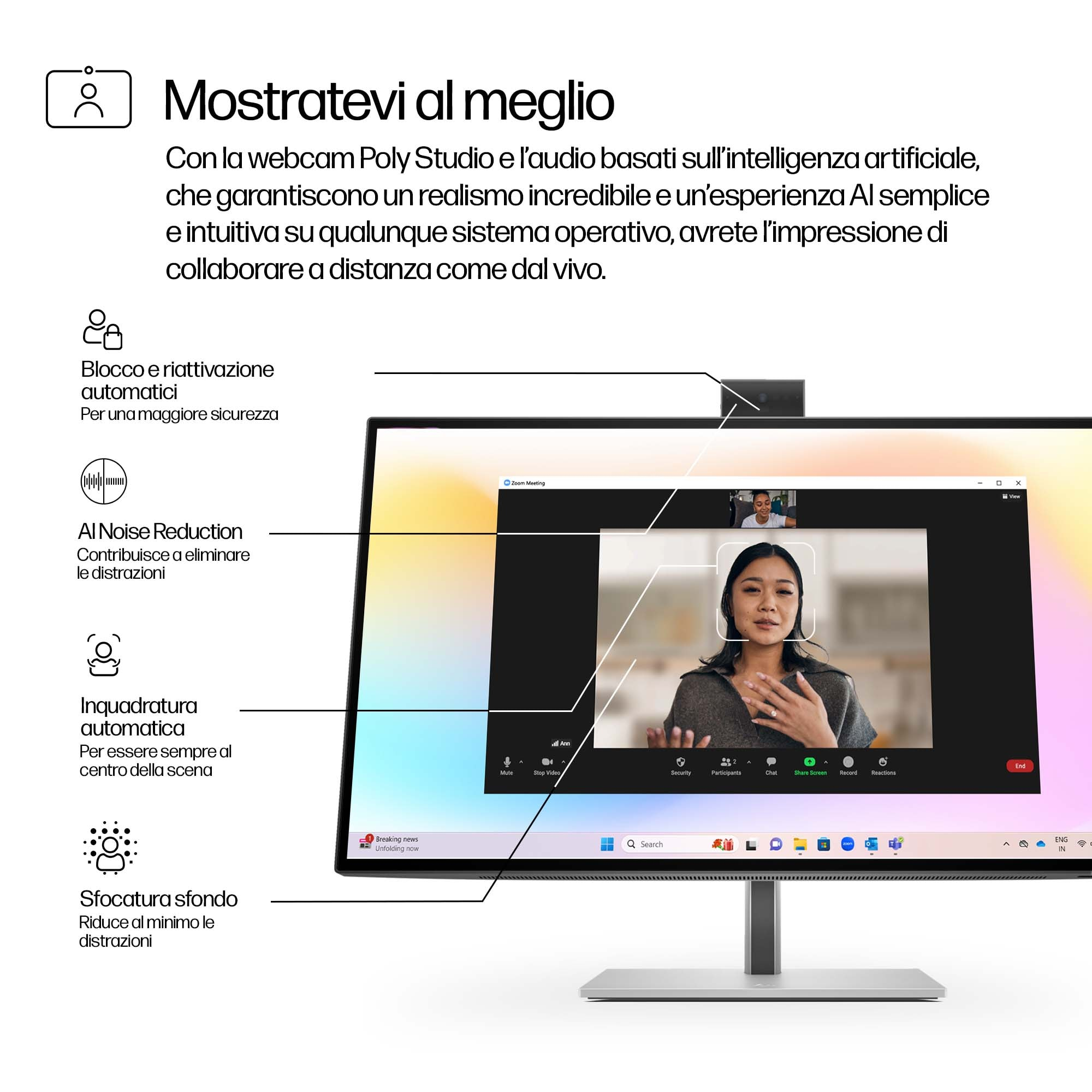 Monitor pokazujący kobietę w rozmowie wideo, z funkcjami AI.
