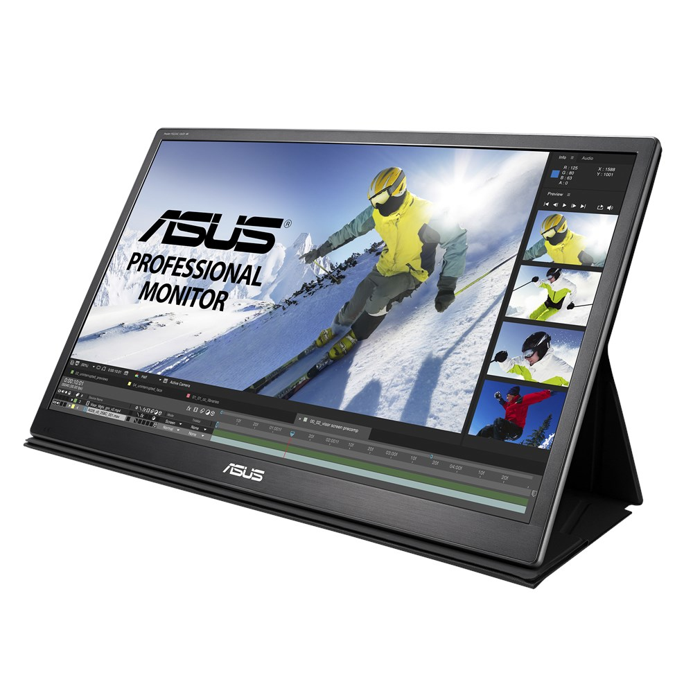 Asus Professional Monitor, wyświetlacz z obrazem narciarza, na stole.