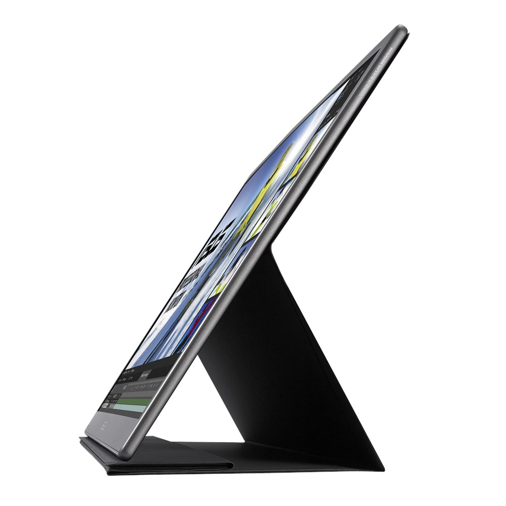 Tablet na czarnym stojaku, ekran wyświetlający grafikę. Pochylony pod kątem.