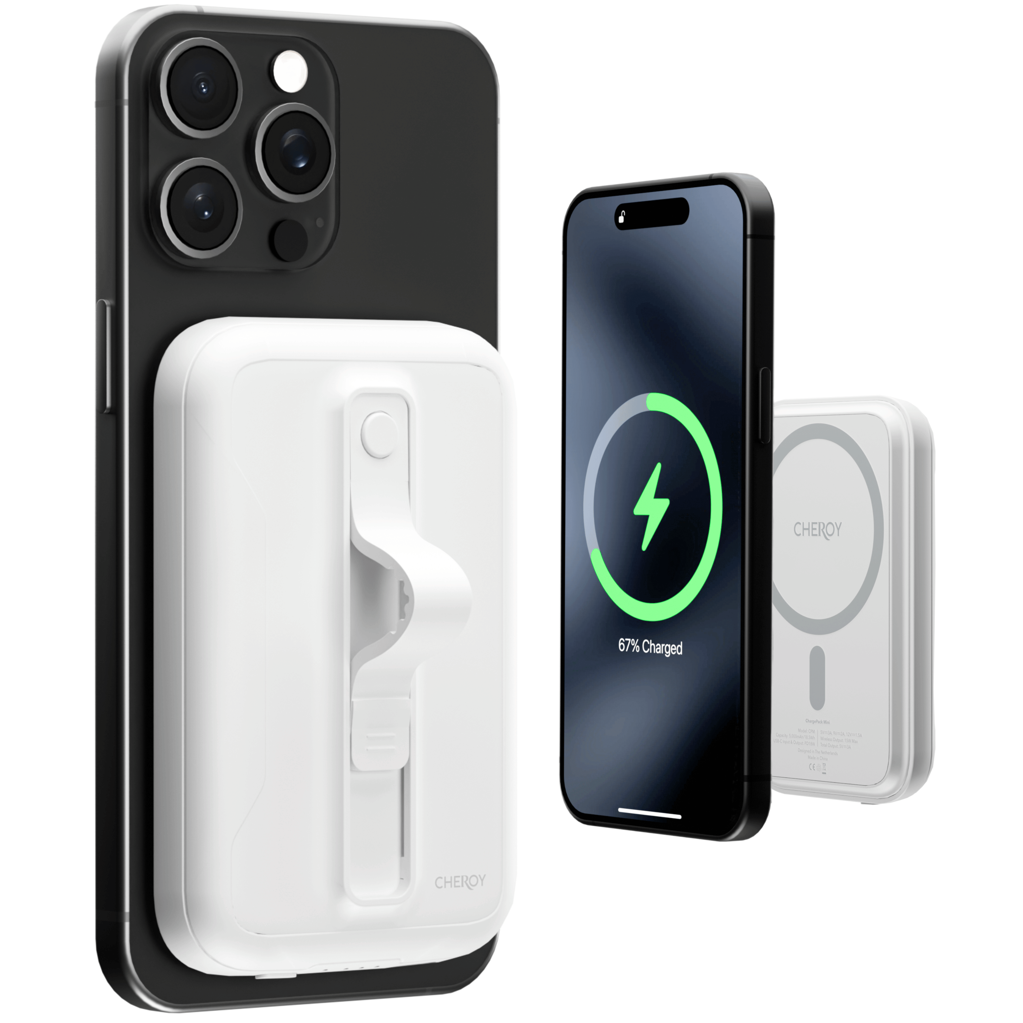 Schwarzes iPhone mit weißem Ladegerät und ein ladendes schwarzes Telefon. Weißer Hintergrund.