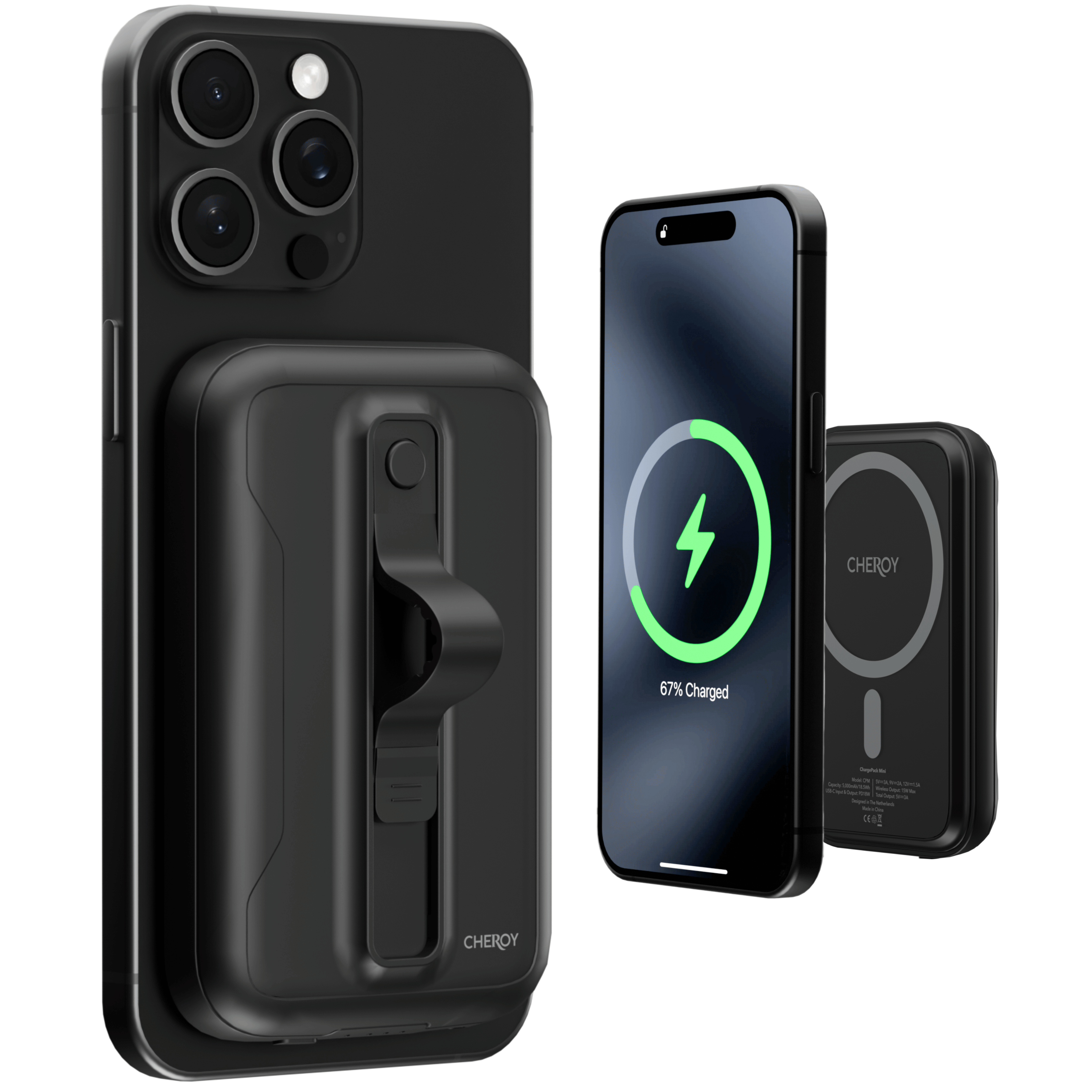 Schwarzes Telefon mit magnetischem Ladezubehör. Ein weiteres Telefon lädt kabellos.