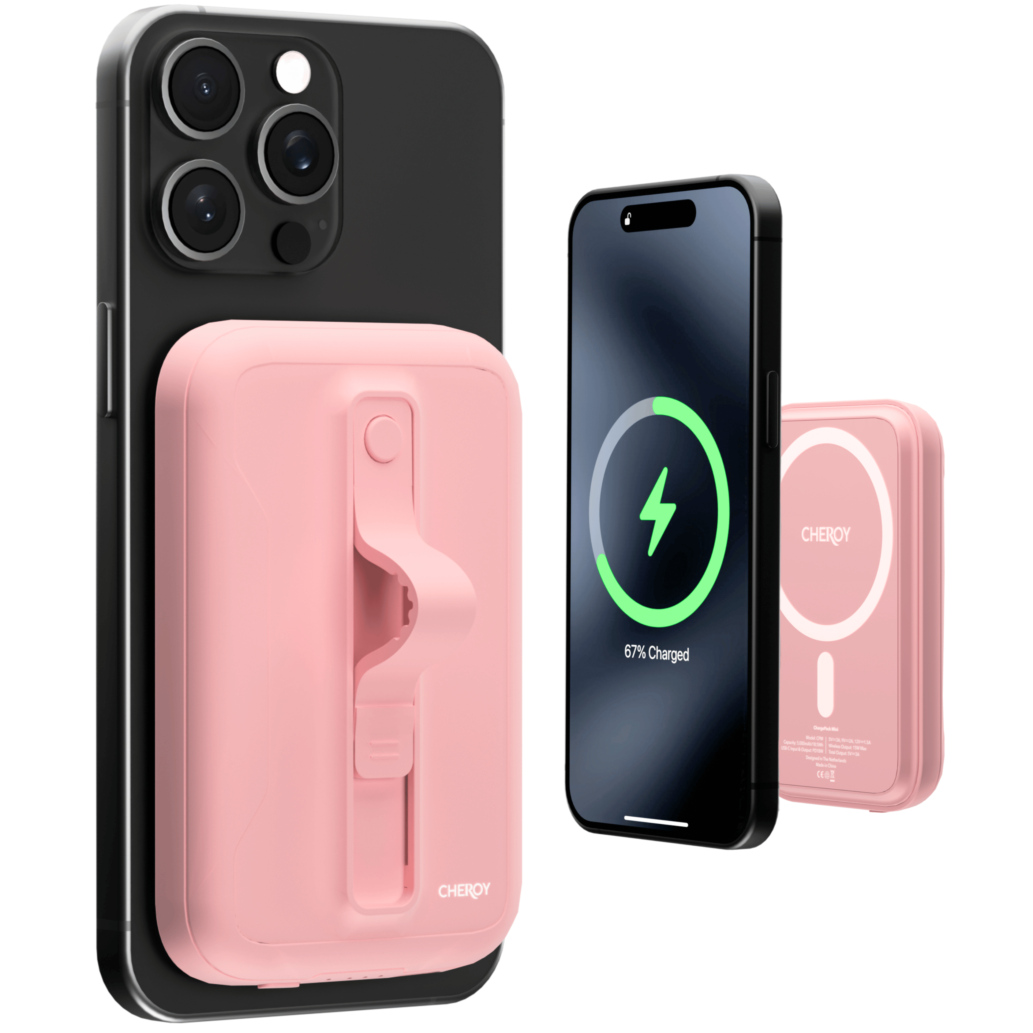 Rosa Telefonladegerät mit angeschlossenem Telefon und zweitem Ladegerät.