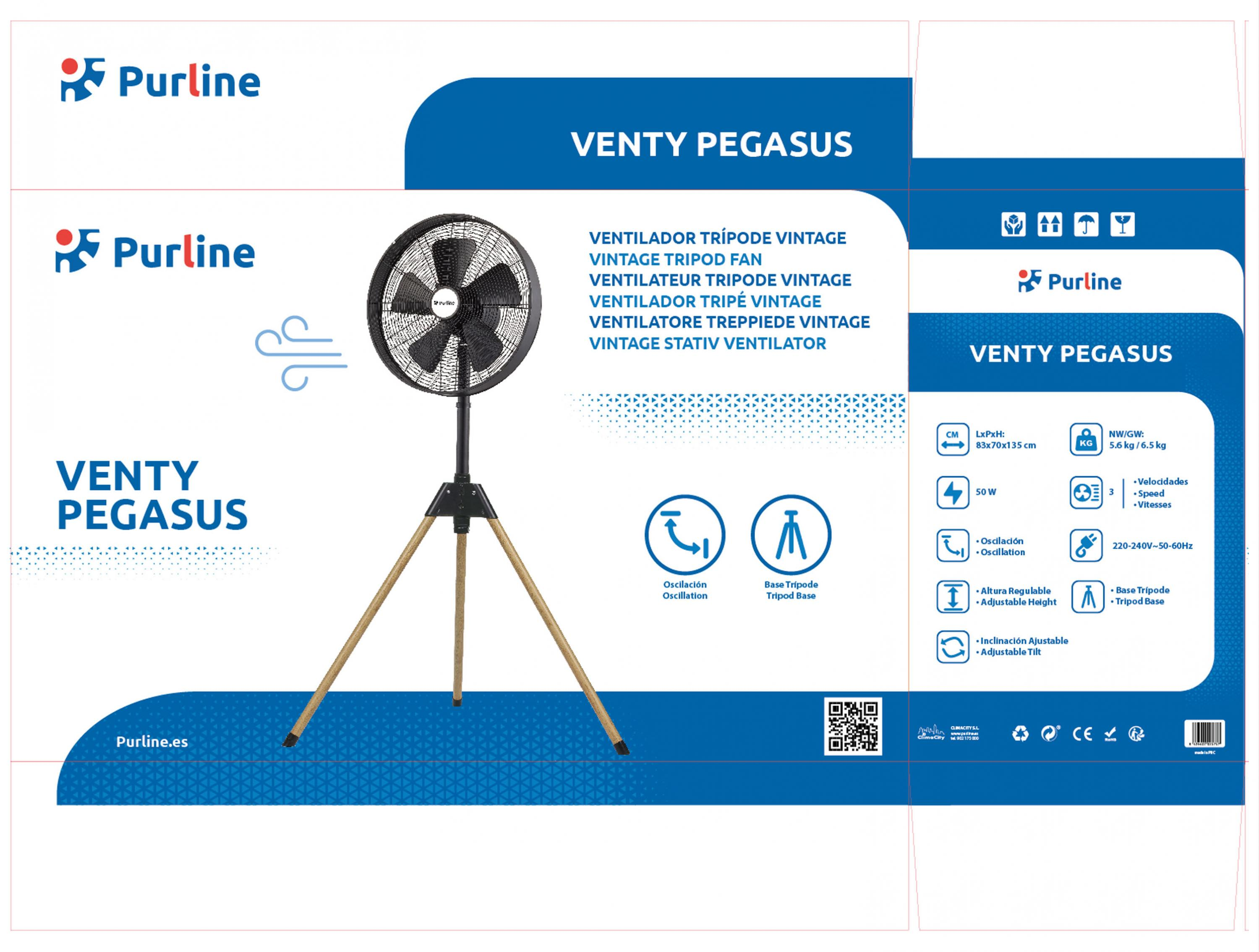 Scatola di imballaggio di un ventilatore Purline Venty Pegasus, con grafica del ventilatore, specifiche e testo multilingue.