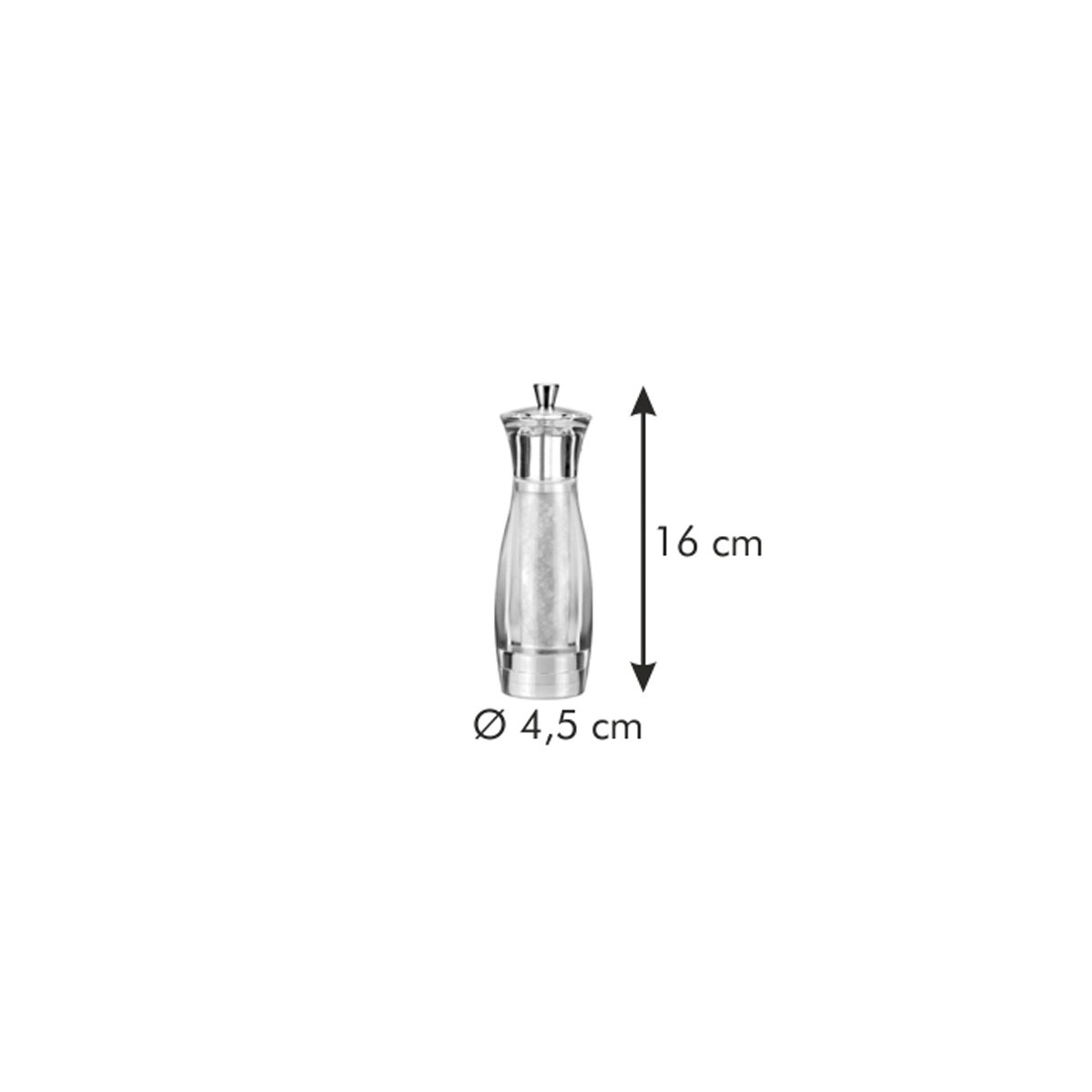 Salzstreuer, klarer Behälter. Pfeil zeigt 16 cm Höhe, 4,5 cm Breite.