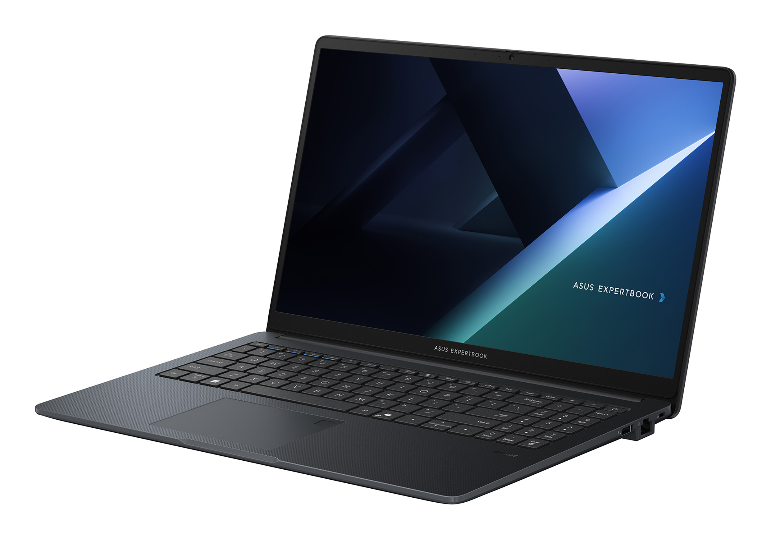 Laptop nero, aperto, ASUS ExpertBook sullo schermo, vista angolata, sfondo bianco.