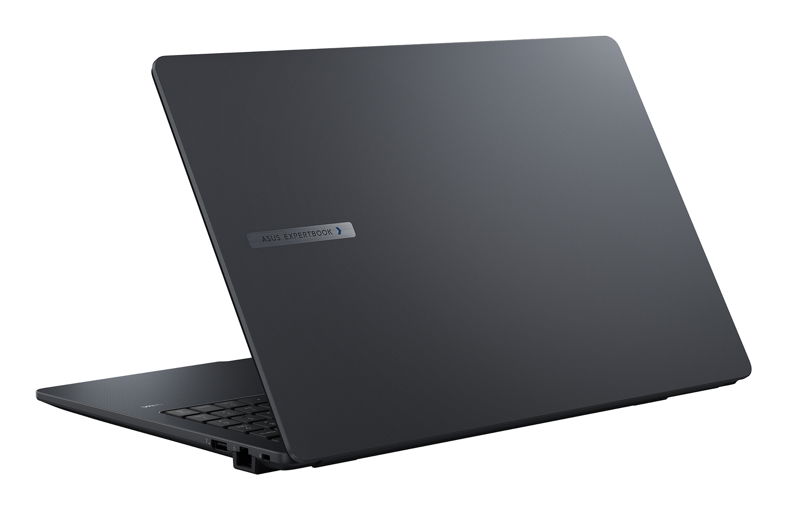 Laptop nero chiuso, logo ASUS ExpertBook sul retro, vista angolata, sfondo bianco.