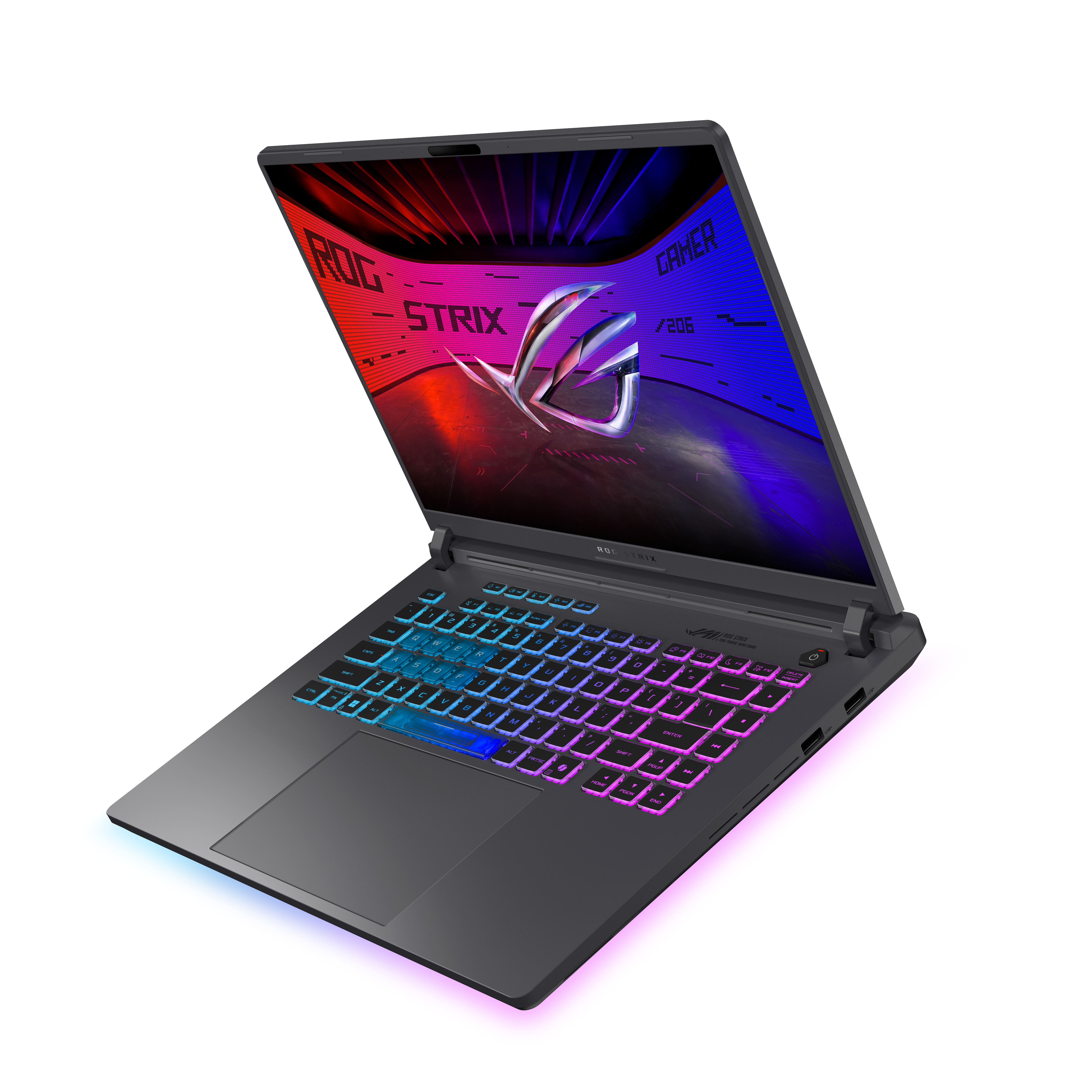Gaming laptop met open scherm. Het toetsenbord is verlicht met blauwe en roze kleuren. Tekst: ROG Strix.