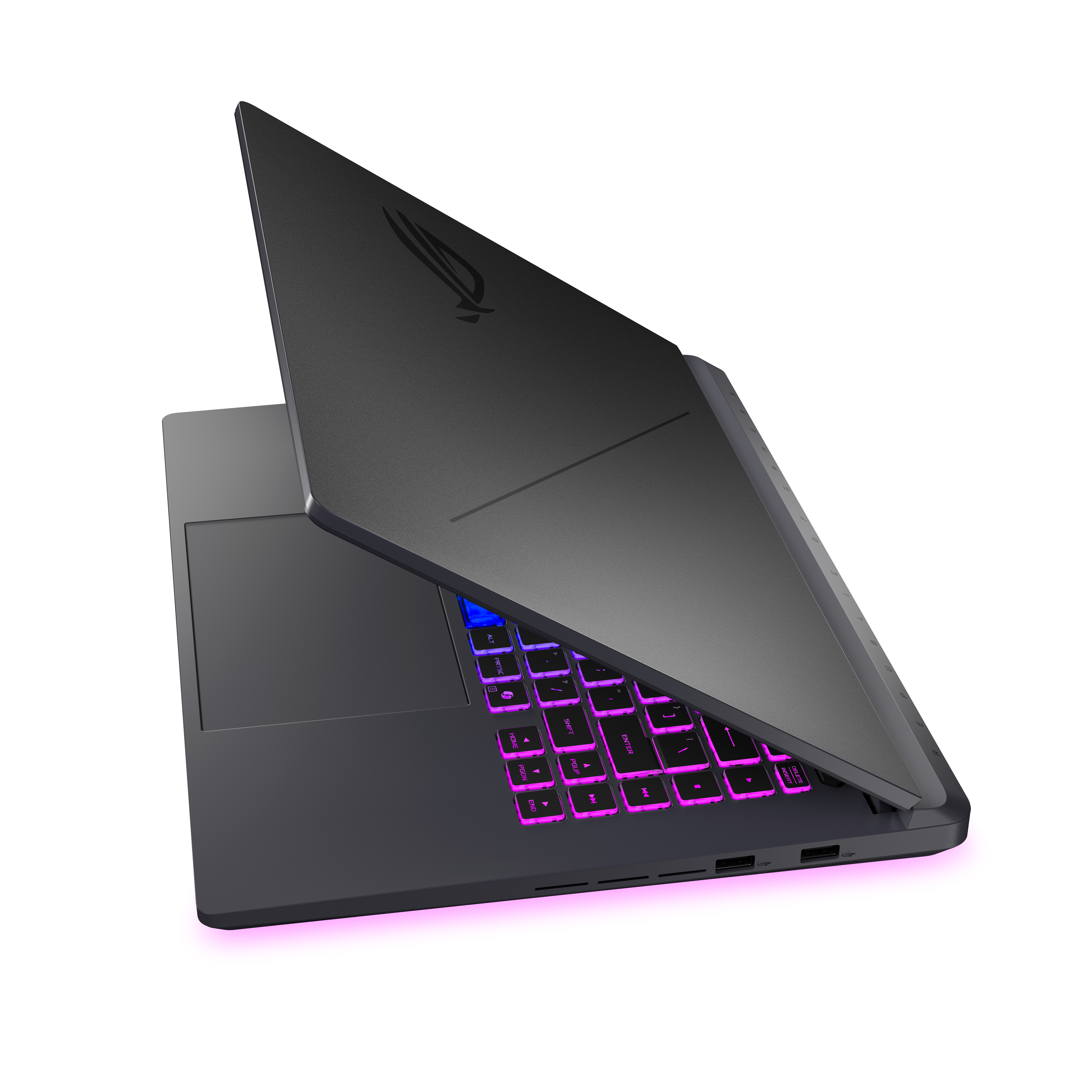 Zwarte laptop gedeeltelijk open. Het toetsenbord en de randen zijn verlicht met roze en blauwe kleuren.
