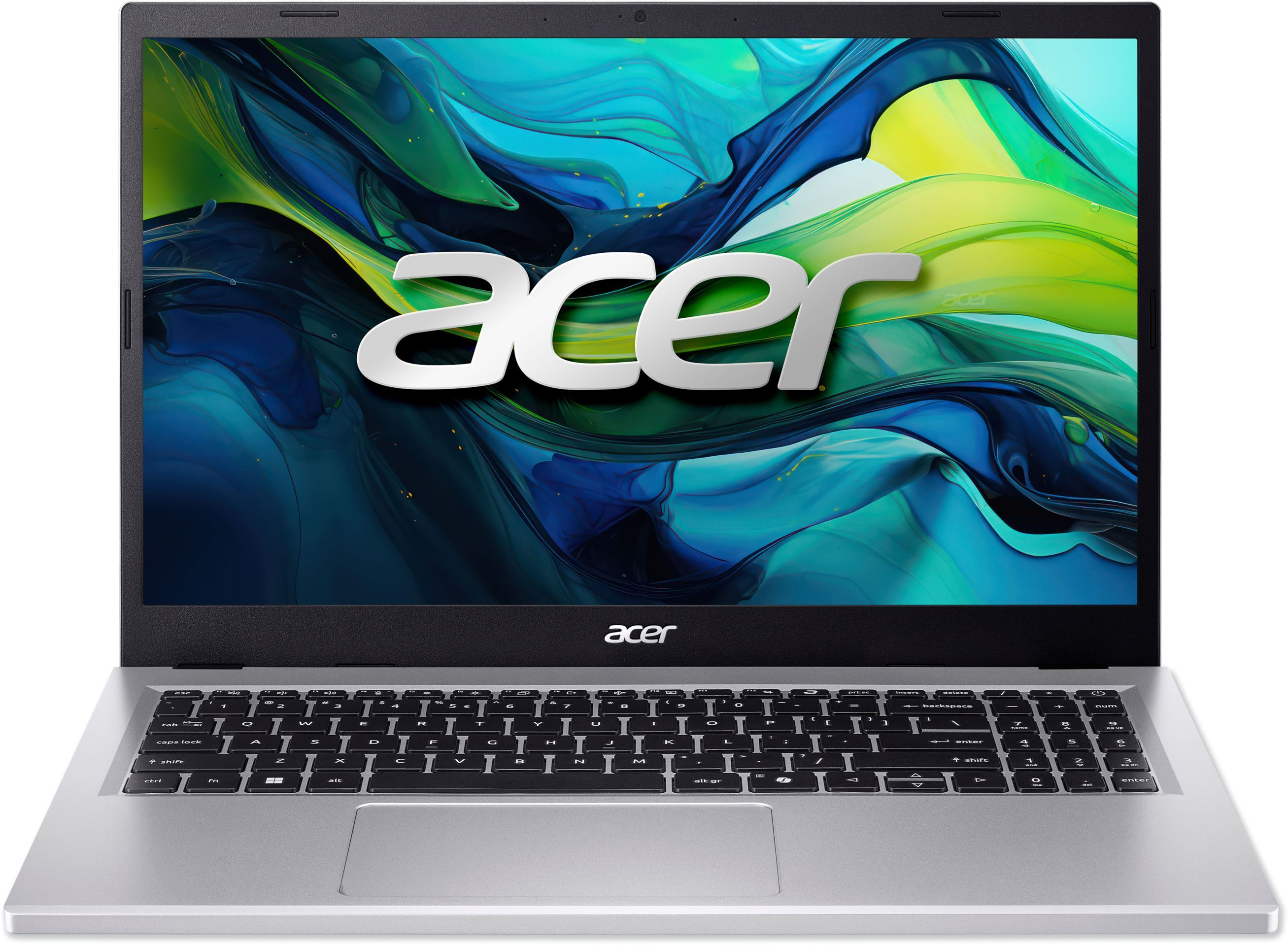 Srebrny laptop Acer, otwarty z logo Acer na ekranie. Białe tło.