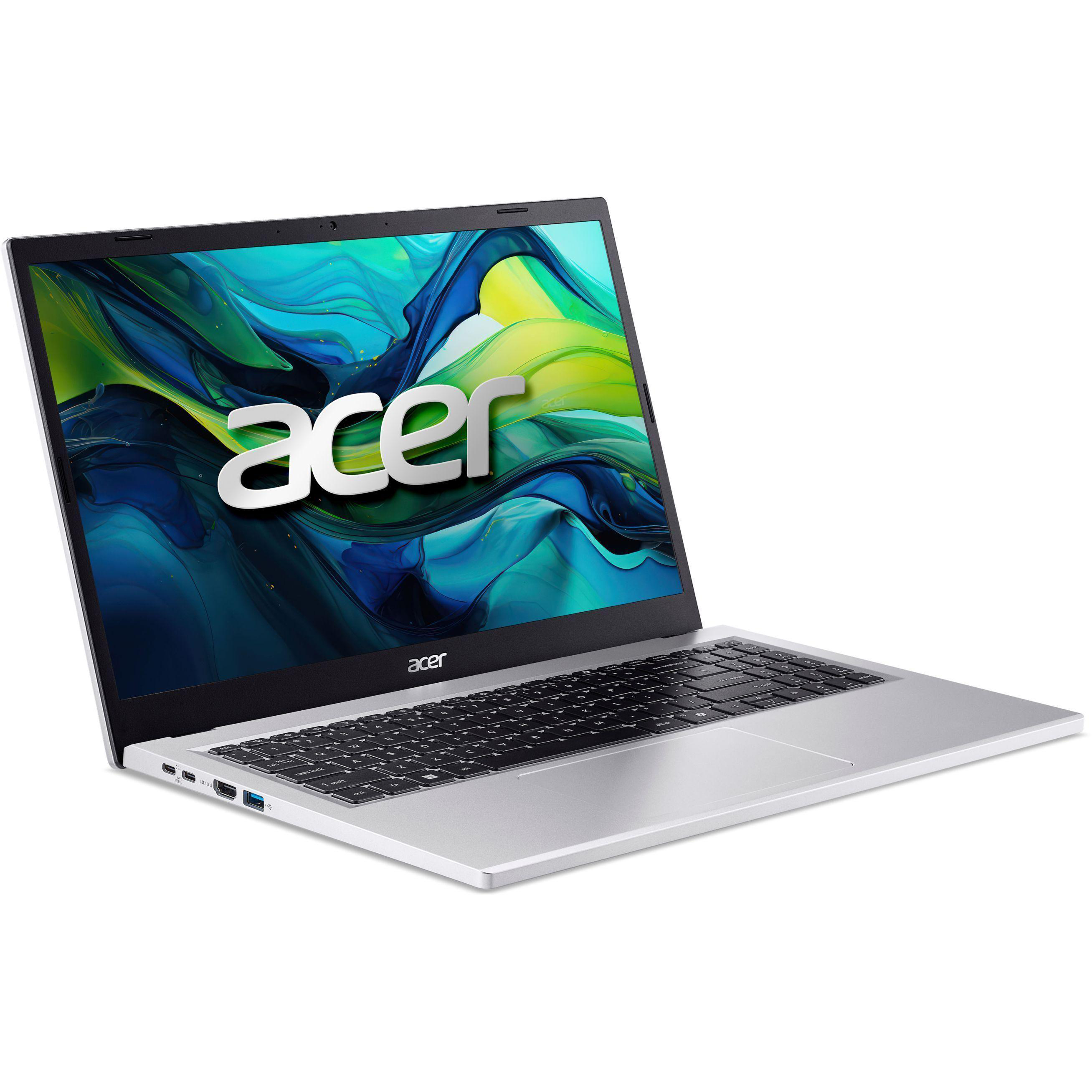 Srebrny laptop Acer pod kątem. Ekran pokazuje logo Acer. Widoczna klawiatura i touchpad, białe tło.