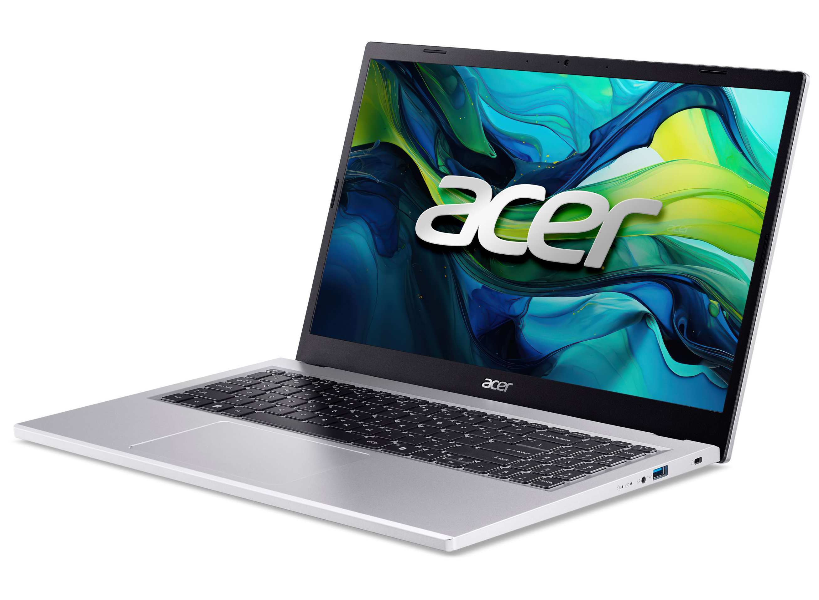 Srebrny laptop Acer pod kątem. Ekran pokazuje logo Acer. Widoczna klawiatura i touchpad. Białe tło.