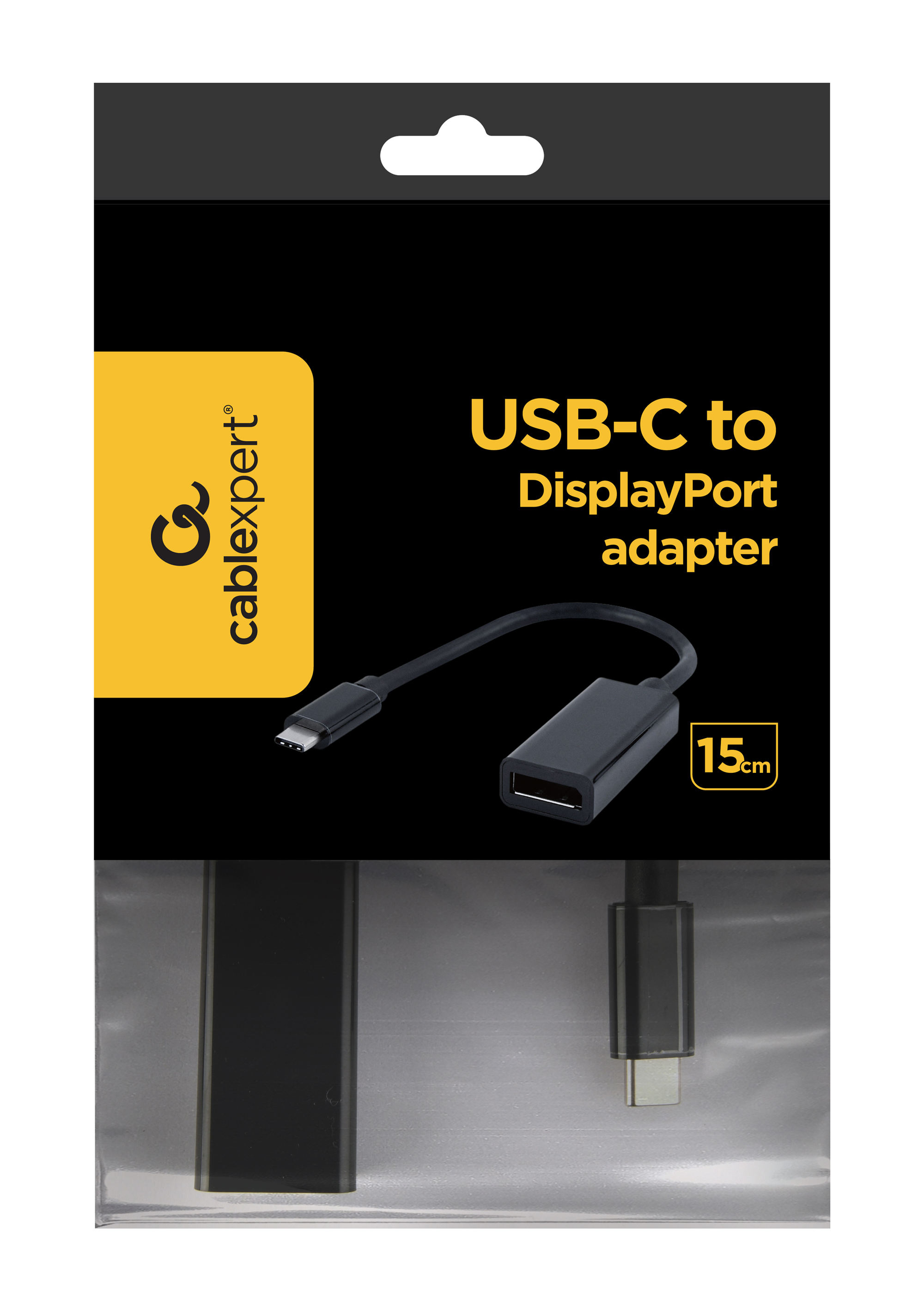 Czarny adapter USB-C do DisplayPort w czarnym opakowaniu. Adapter ma czarny kabel.