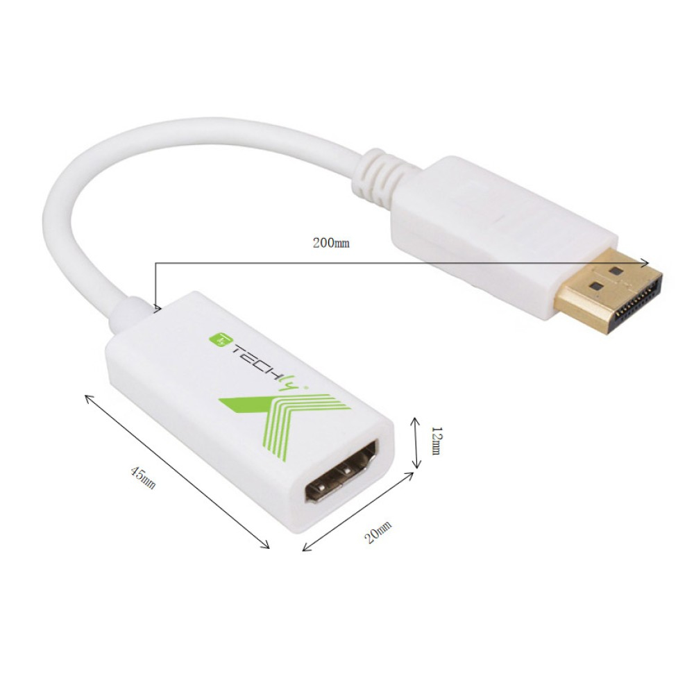 Adapter DisplayPort na HDMI z wymiarami. Biały adapter, biały kabel. Białe tło.