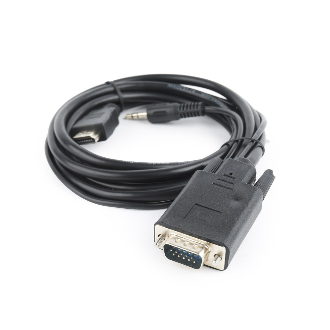 Czarny kabel ze złączami HDMI, audio 3,5 mm i VGA, zwinięty na białej powierzchni.