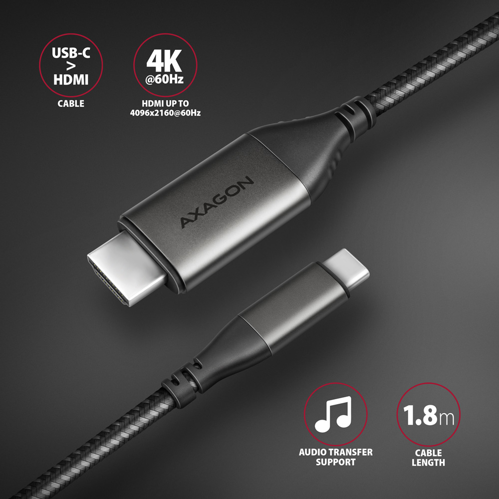 Czarny i szary kabel USB-C do HDMI. Szczegóły opakowania pokazują funkcje i specyfikacje.
