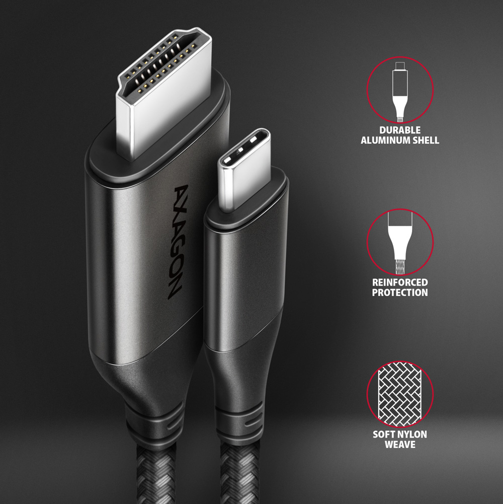 Czarny kabel HDMI do USB-C z 3 ikonami i tekstem po prawej stronie.
