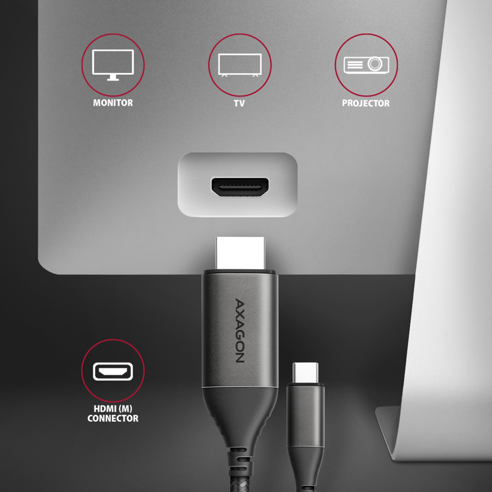 Złącze HDMI laptopa z kablem HDMI. Ikony monitora, telewizora, projektora. Czarne tło.