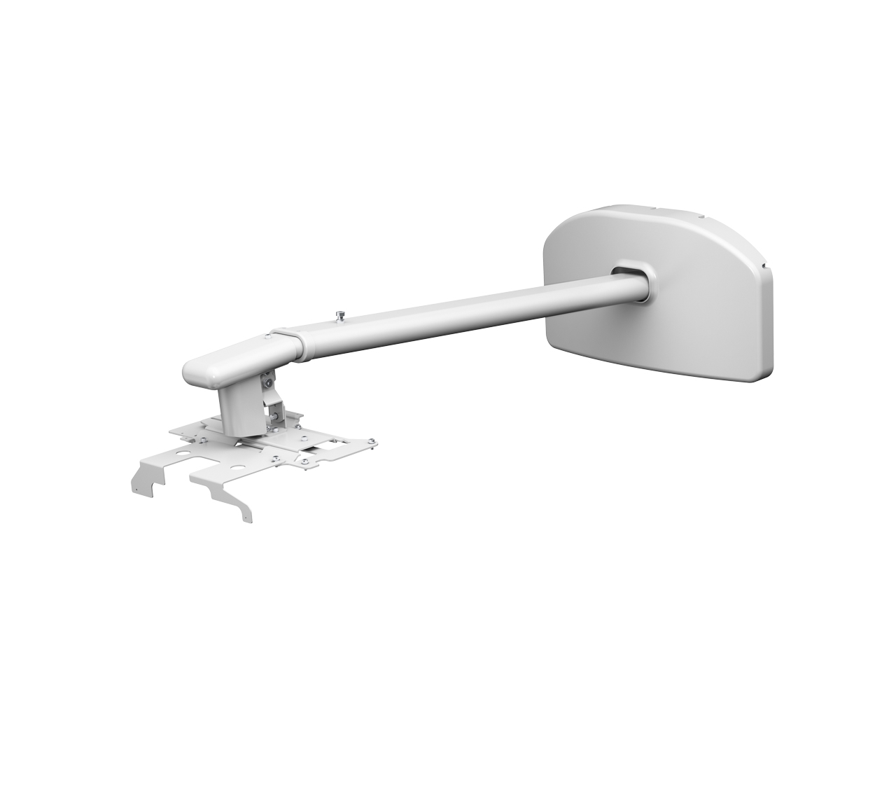 Biały uchwyt do projektora, rozciągnięty z uchwytu ściennego, z regulowanymi elementami. Białe tło.