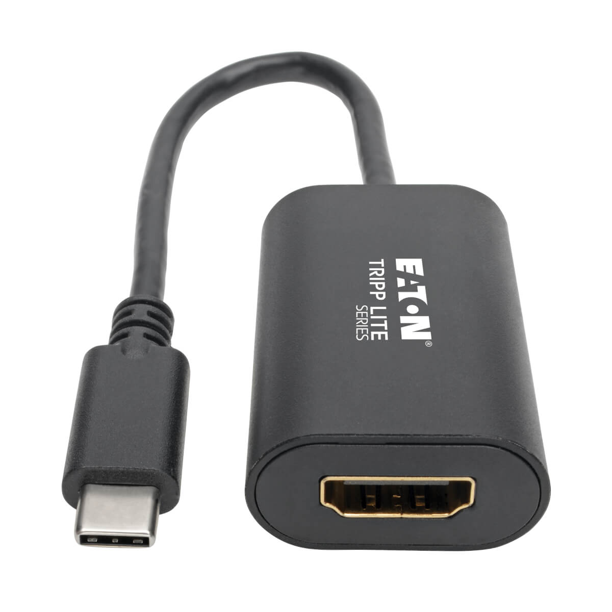Adaptador USB-C a HDMI negro con etiqueta 'TRIPP LITE'. Fondo blanco.