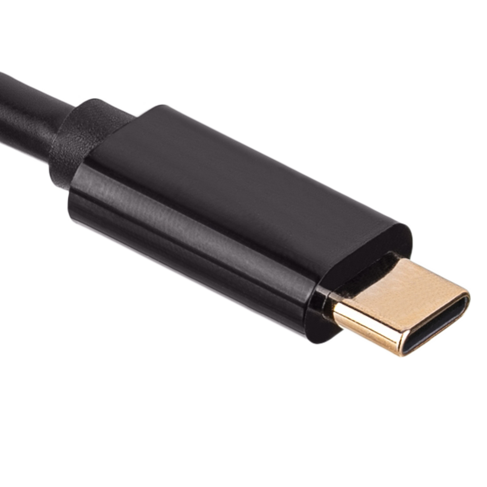 Czarny konektor USB-C ze złotym zakończeniem. Czarny kabel rozciąga się w lewo.