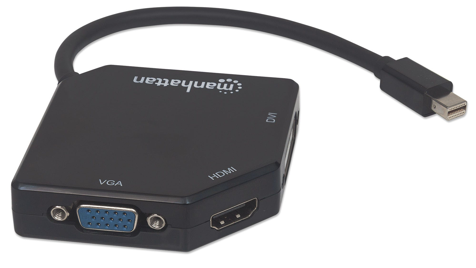 Adaptador negro Manhattan con puertos VGA, DVI y HDMI. Cable negro conectado.