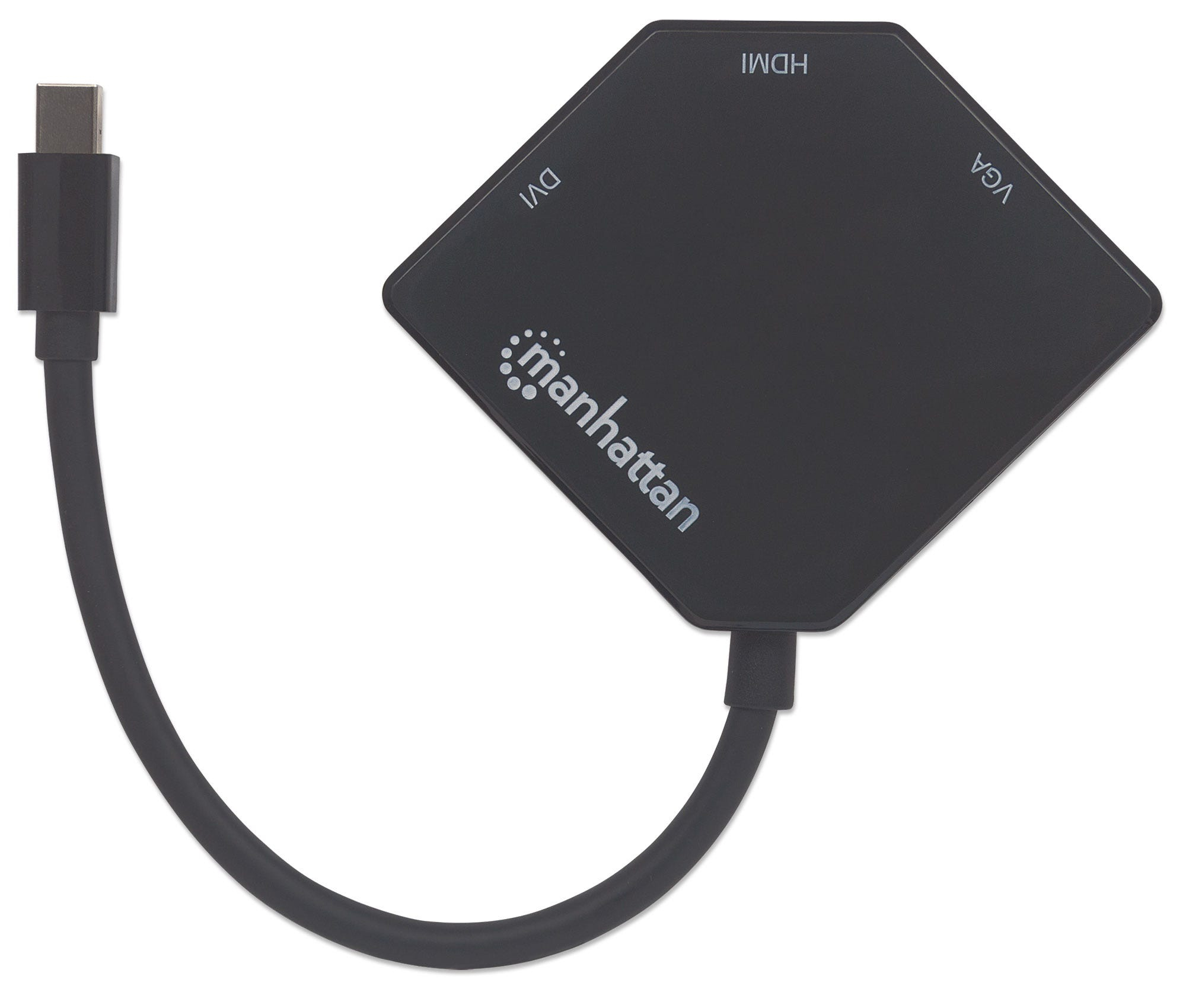 Adaptador Manhattan negro con puertos HDMI, DVI y VGA. Aislado sobre fondo blanco.