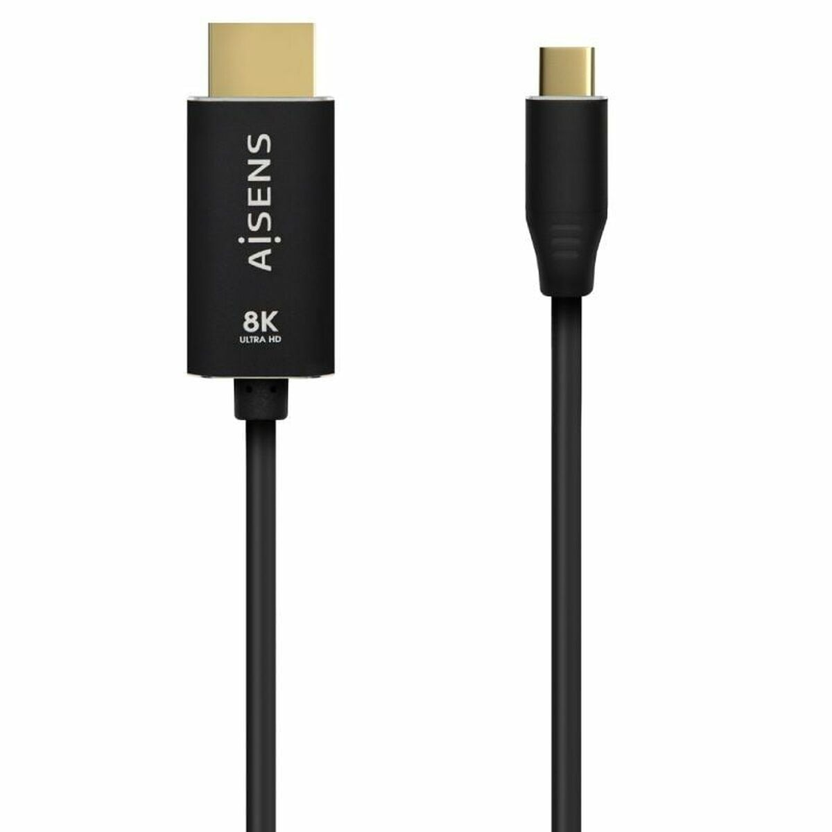 Cable Aiseens HDMI a USB-C negro. Etiqueta 8K Ultra HD. Fondo blanco.
