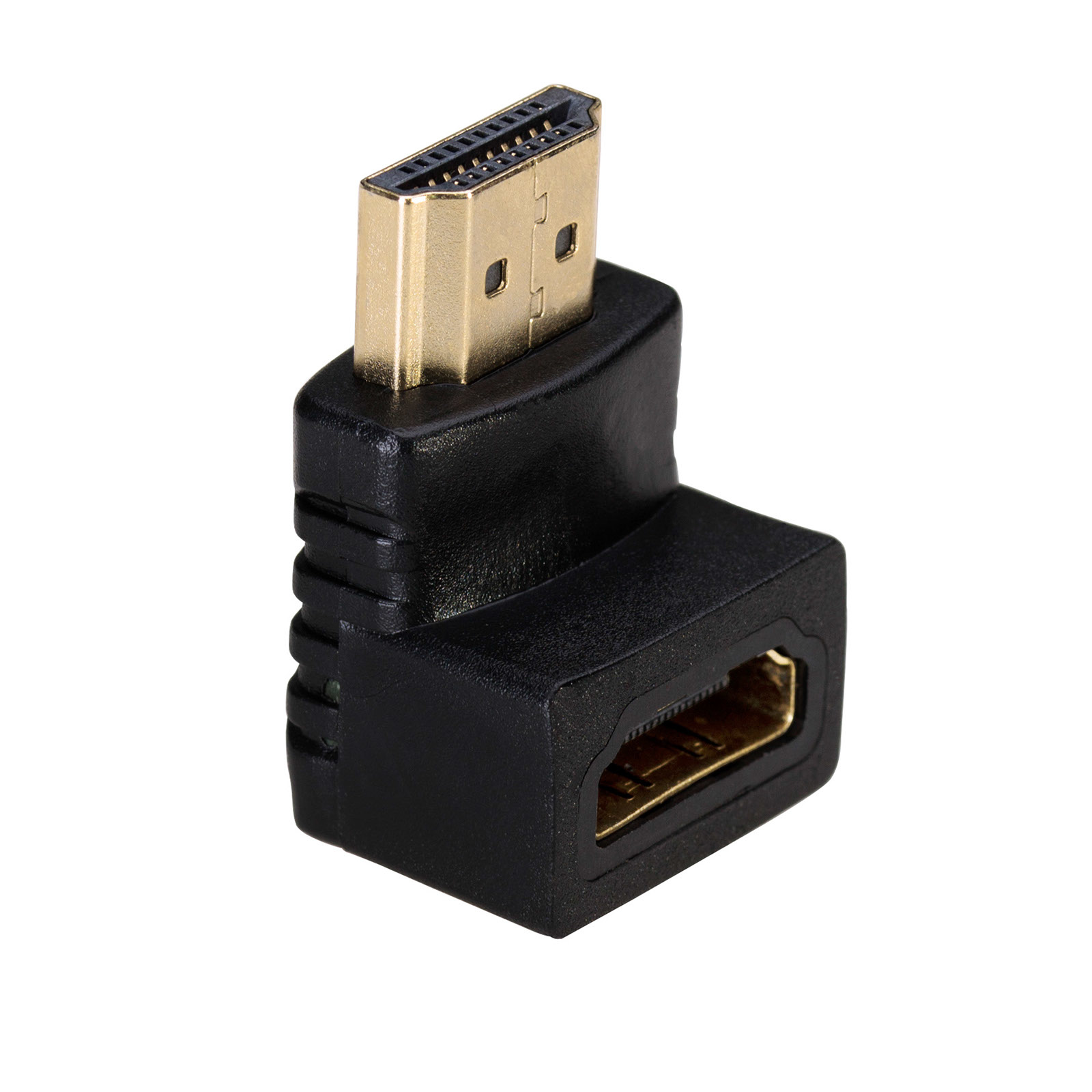 Adaptador HDMI negro con un puerto HDMI dorado y un cuerpo negro.