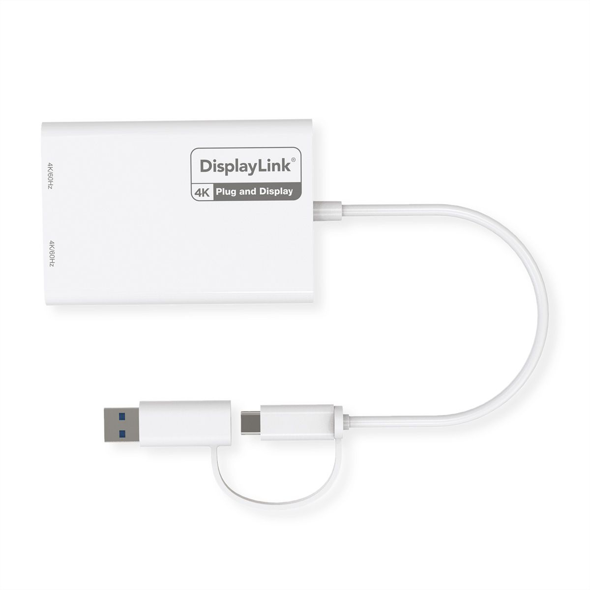 Concentrador USB blanco con cables y conectores blancos. Está etiquetado como 4K Plug and Display. Conexión USB.