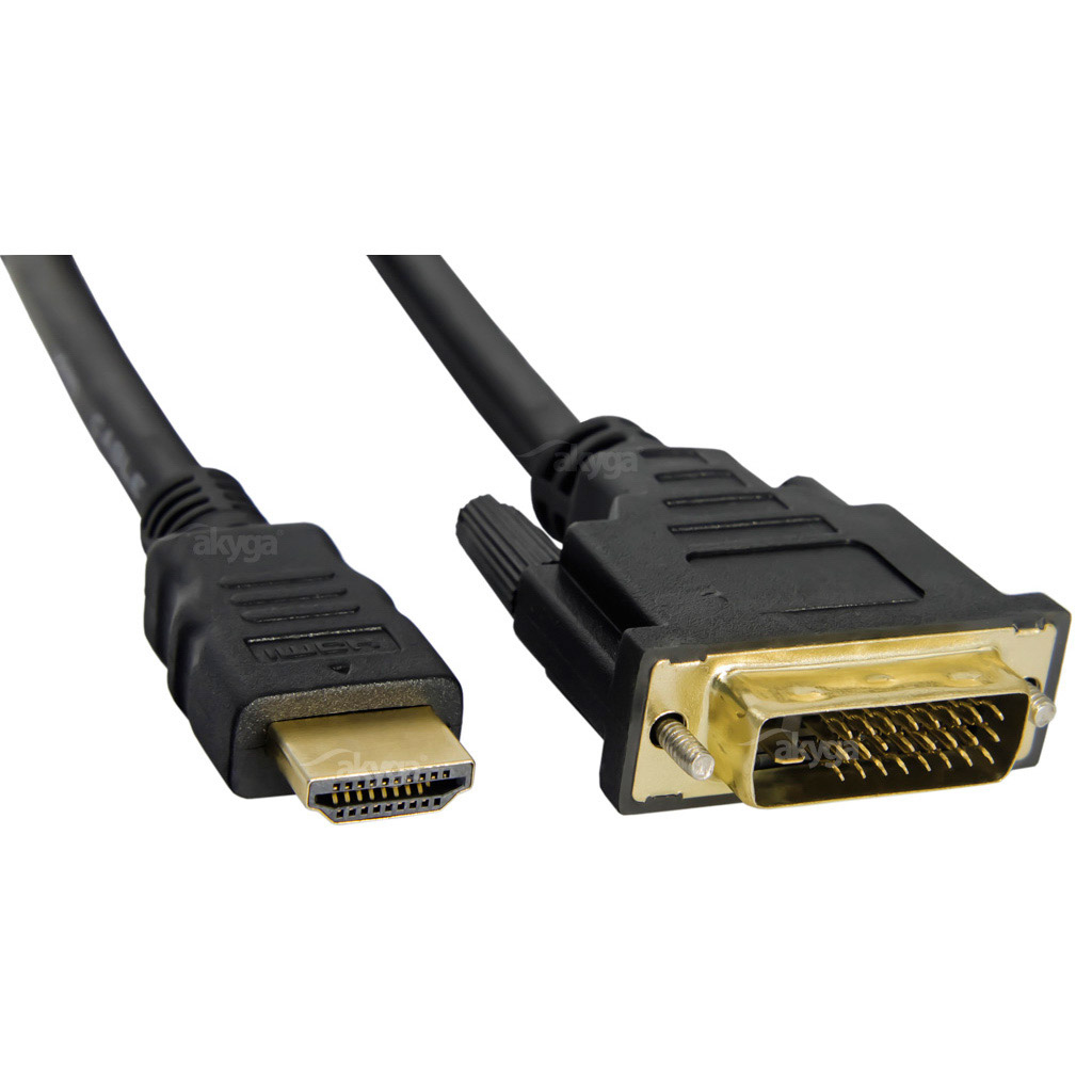 Czarny kabel HDMI do DVI. Jeden koniec to HDMI, drugi to DVI. Białe tło.