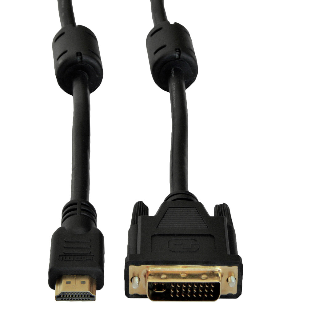 Czarny kabel HDMI do DVI, ze złączami HDMI i DVI. Białe tło.