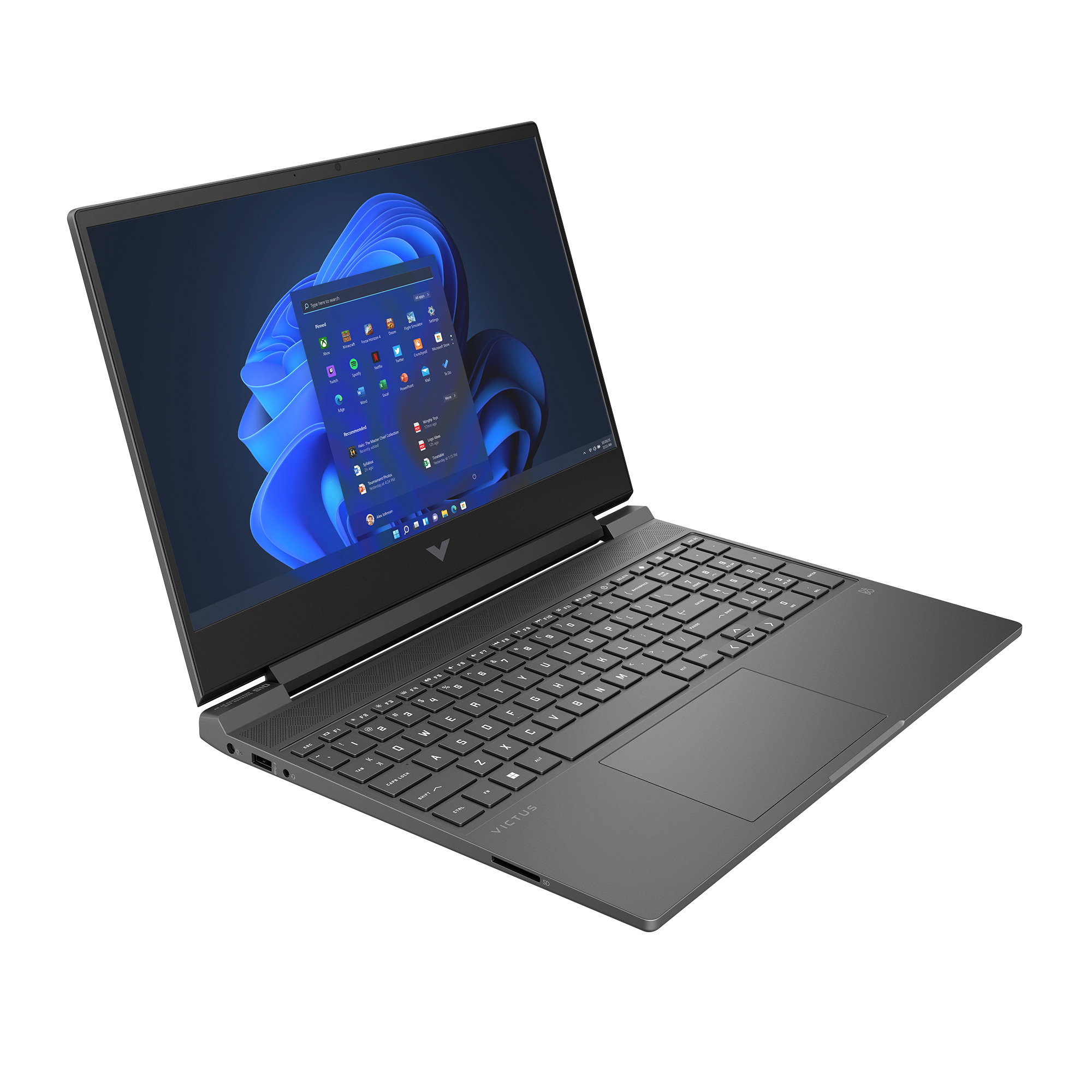 Czarny laptop otwarty, ekran wyświetlający interfejs, białe tło.
