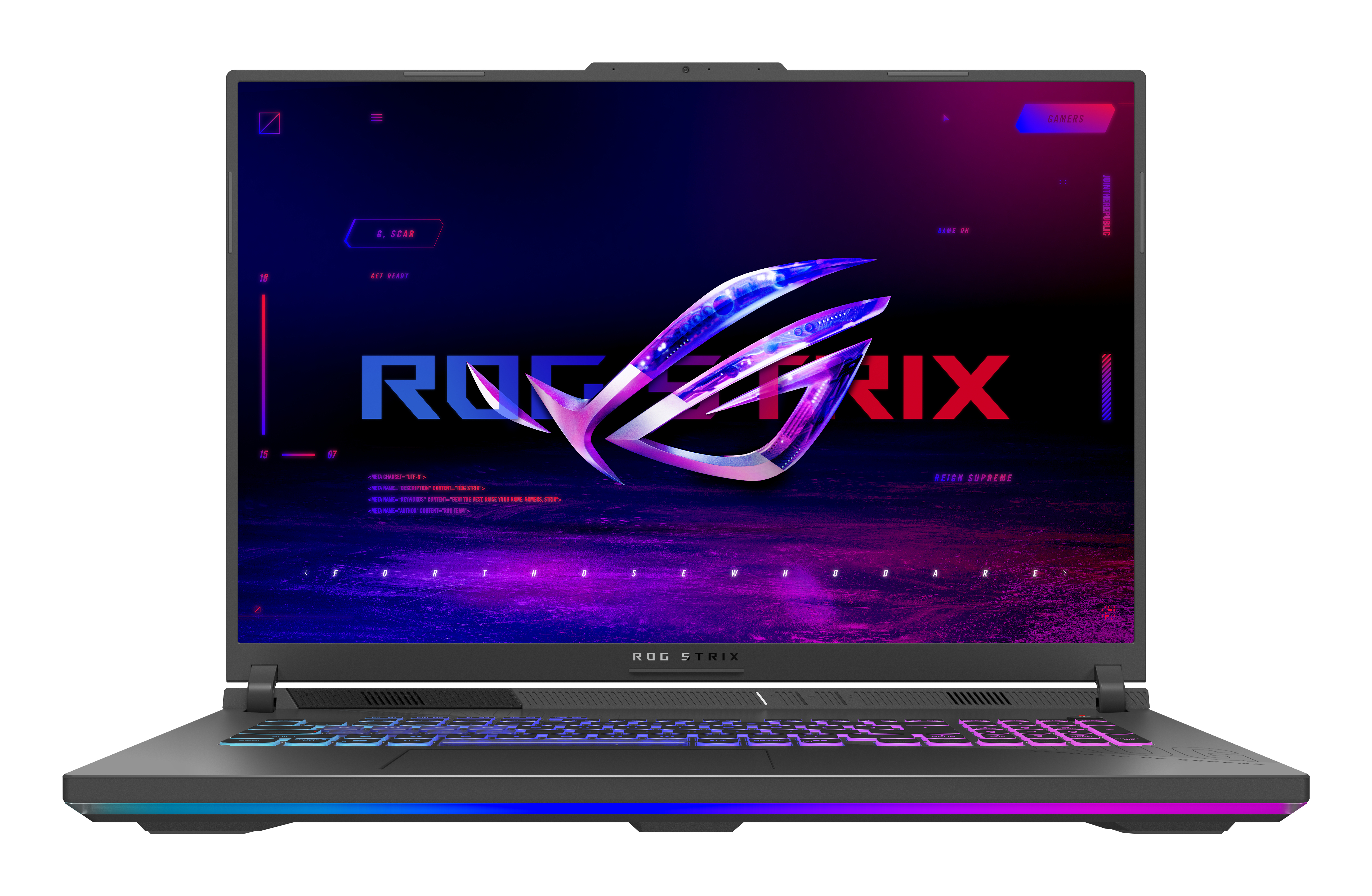 Ein Laptop mit einem Bildschirm, der ein ROG Strix-Logo und -Design anzeigt. Es hat farbige Lichter.