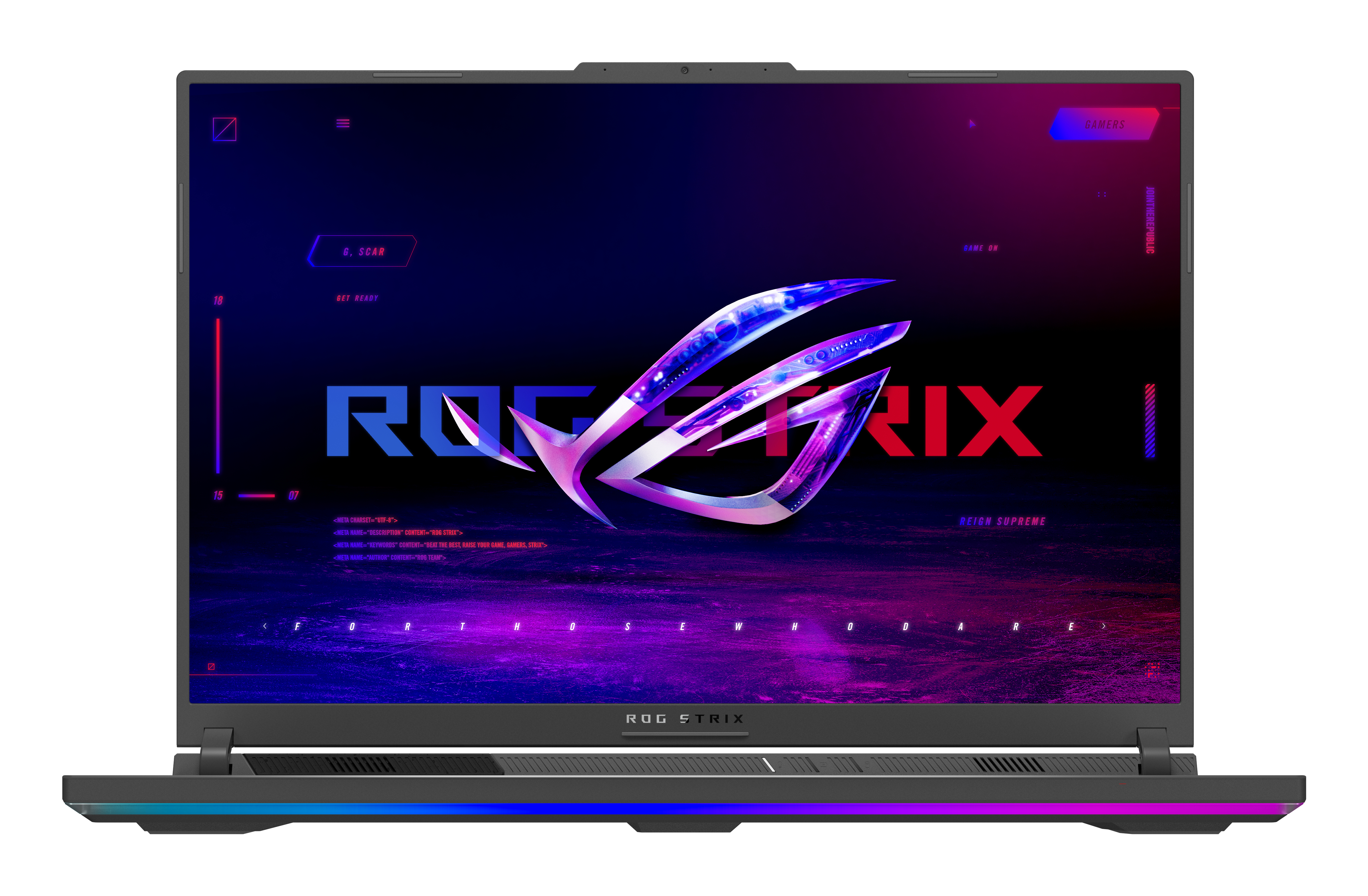 Geöffneter ROG Strix Laptop zeigt ROG-Logo auf dem Bildschirm und farbenfrohe Tastatur.