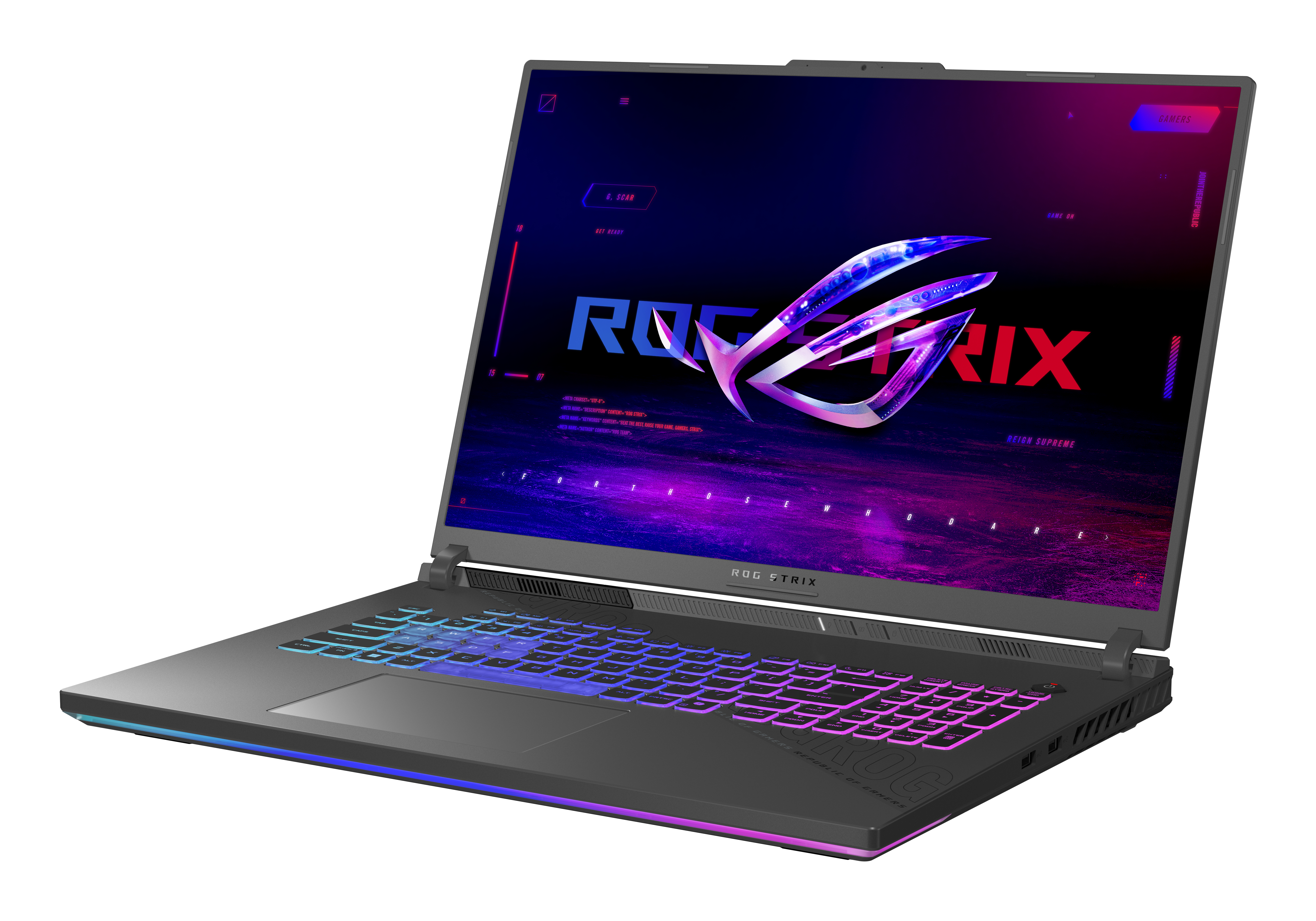 Geöffneter ROG Strix Laptop, Bildschirm mit ROG-Logo, farbenfrohe Tastatur.
