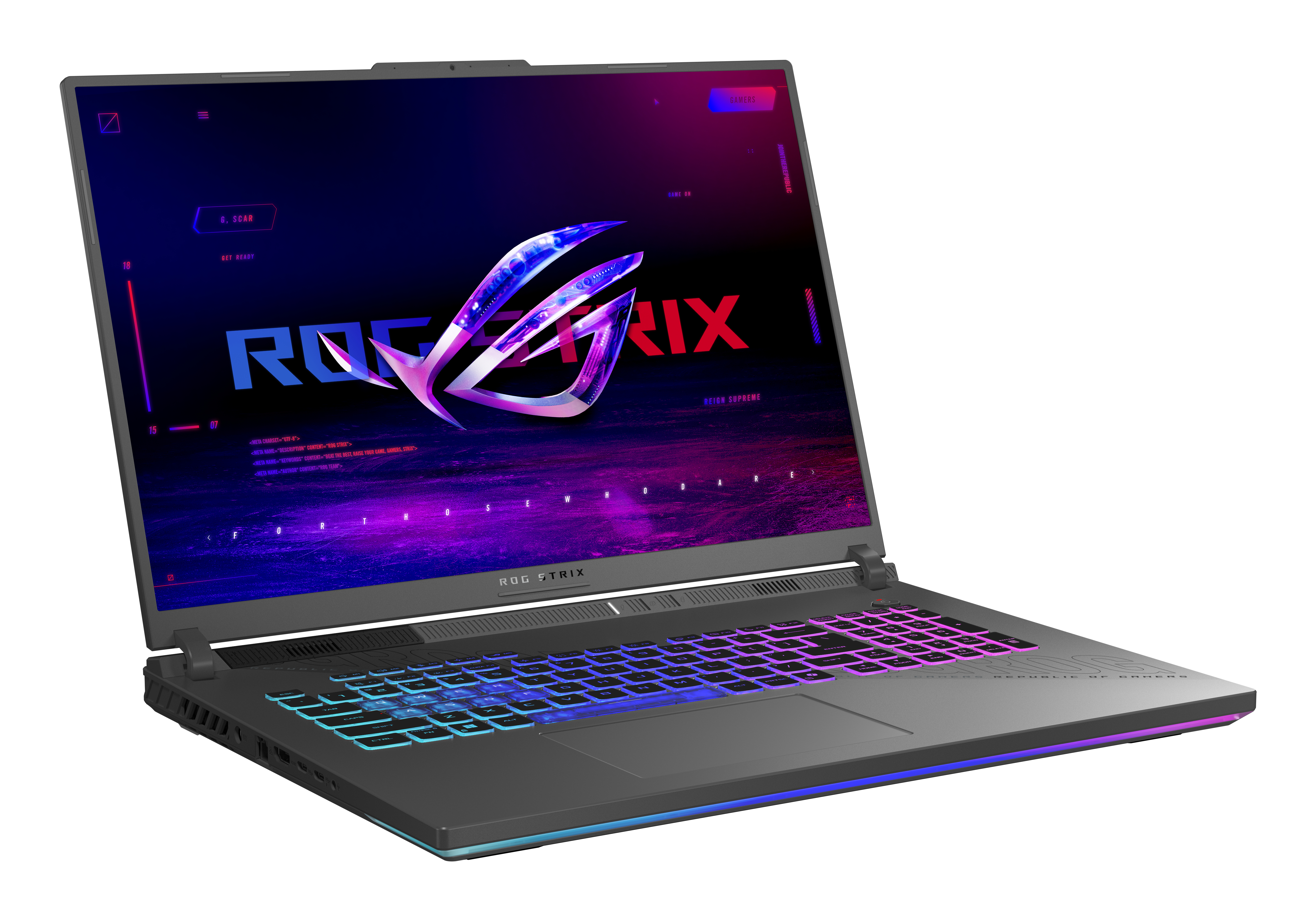 Ein Laptop mit einem Bildschirm, der ein ROG Strix-Design und -Logo anzeigt. Der Laptop befindet sich auf weißem Hintergrund.