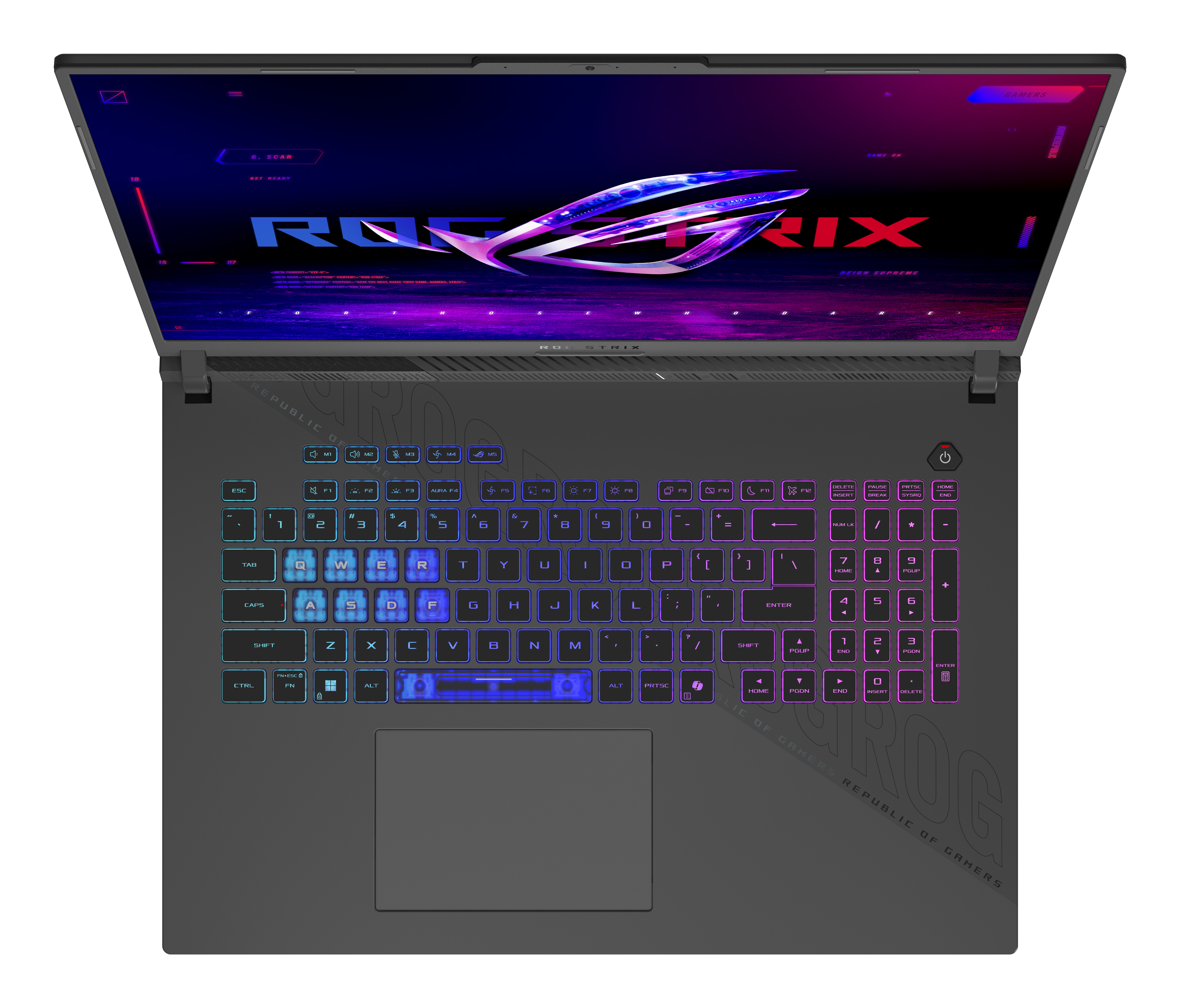 Laptop ROG Strix, offen mit bunter Tastatur und Bildschirm. Draufsicht, graue Oberfläche.