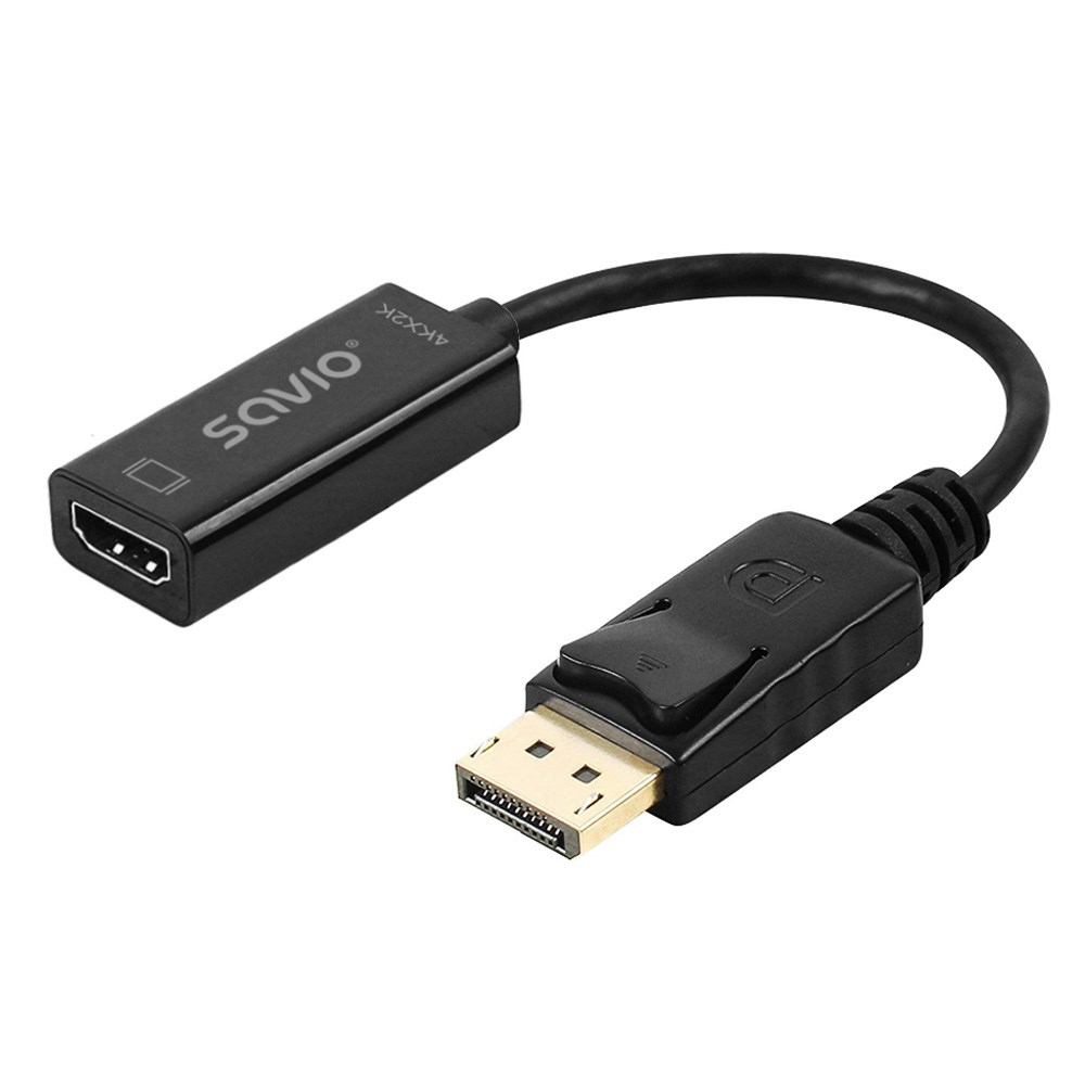 Czarny adapter konwertujący HDMI na DisplayPort, z logo 'SAVIO'.