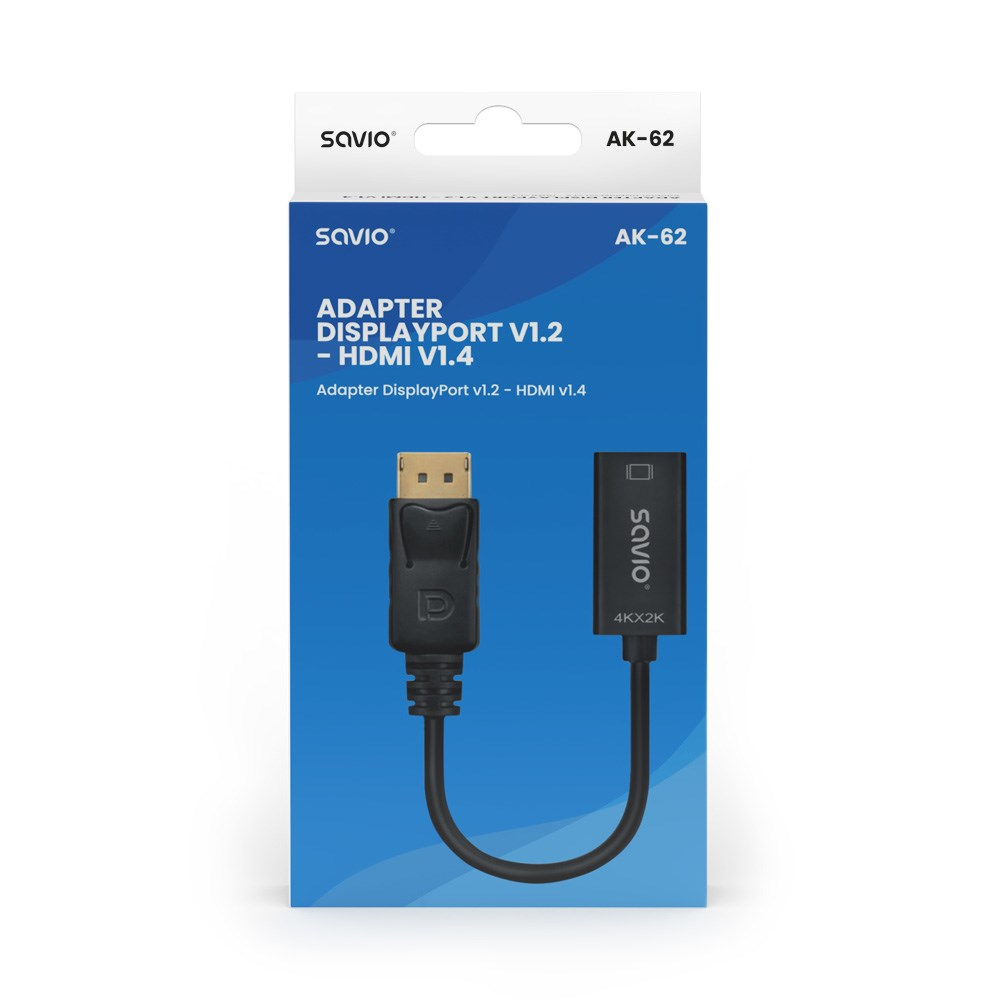 Białe pudełko z adapterem i kablem. Na pudełku napis: SAVIO. Adapter DisplayPort v1.2 - HDMI v1.4