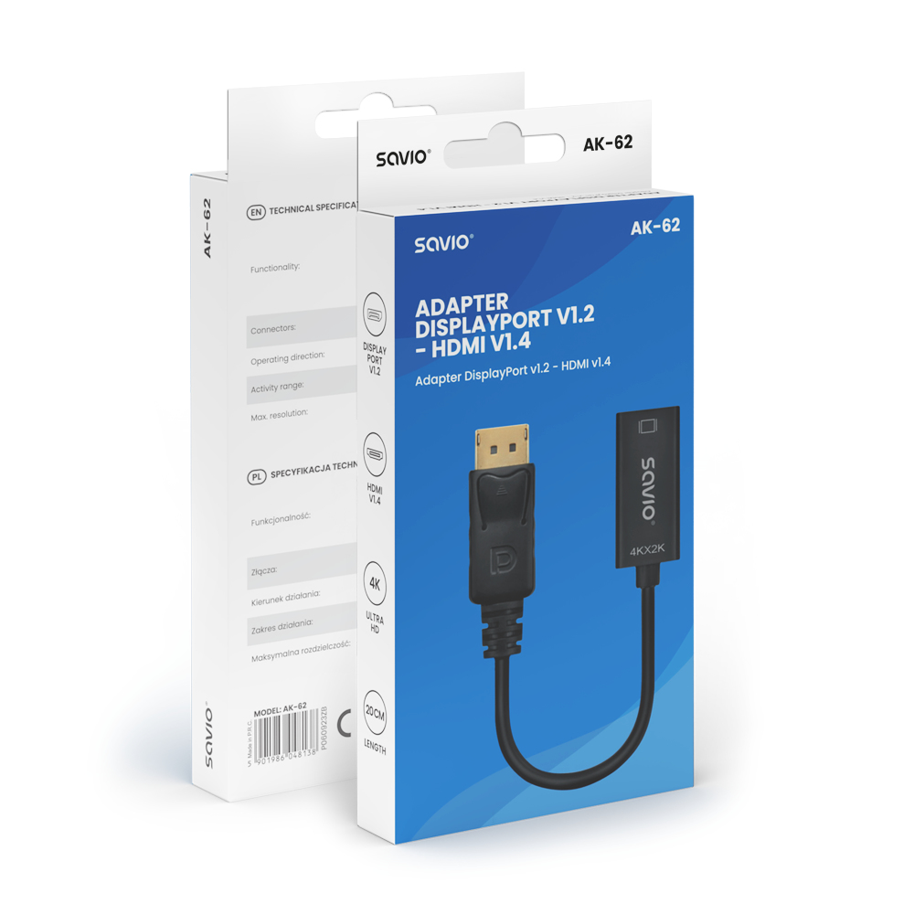Dwa pudełka. Jeden pokazuje adapter z DisplayPort i HDMI. Widoczny tekst ze specyfikacjami.
