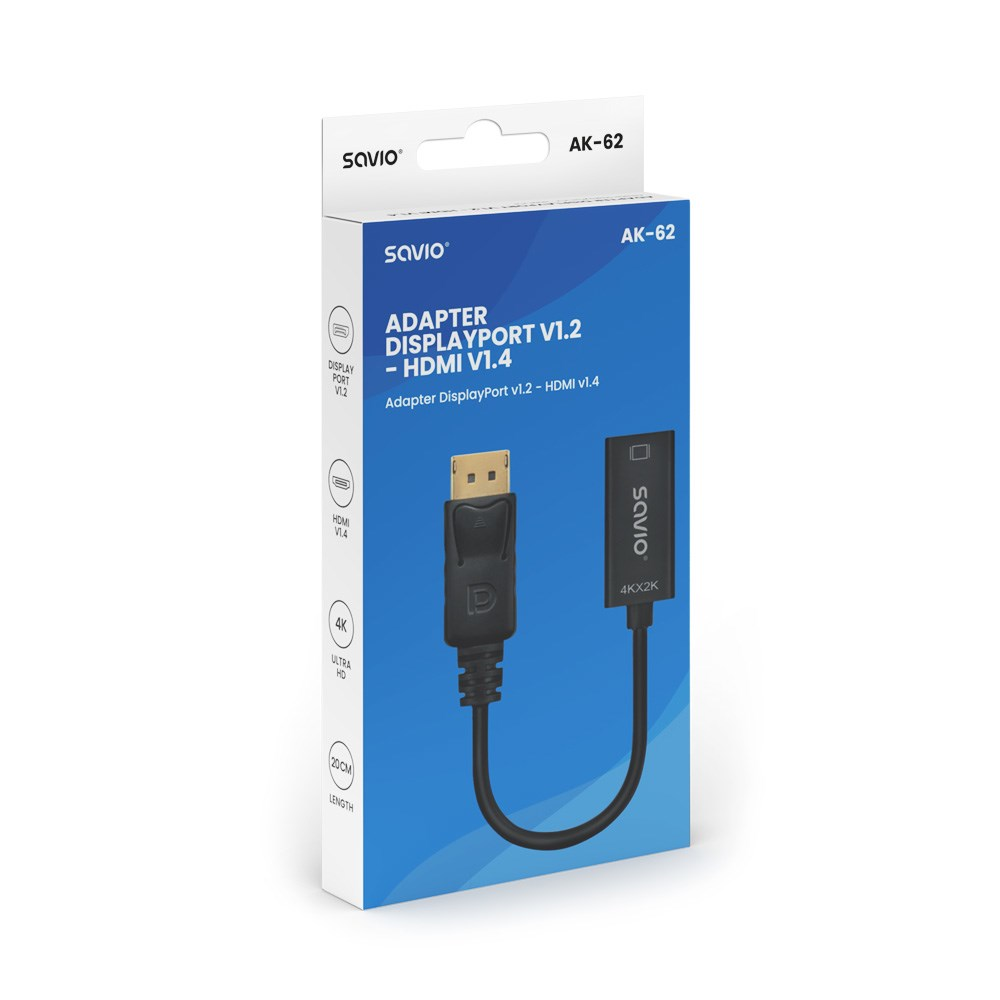 Białe pudełko z adapterem i kablem. Na pudełku napis: Adapter DisplayPort v1.2 - HDMI v1.4