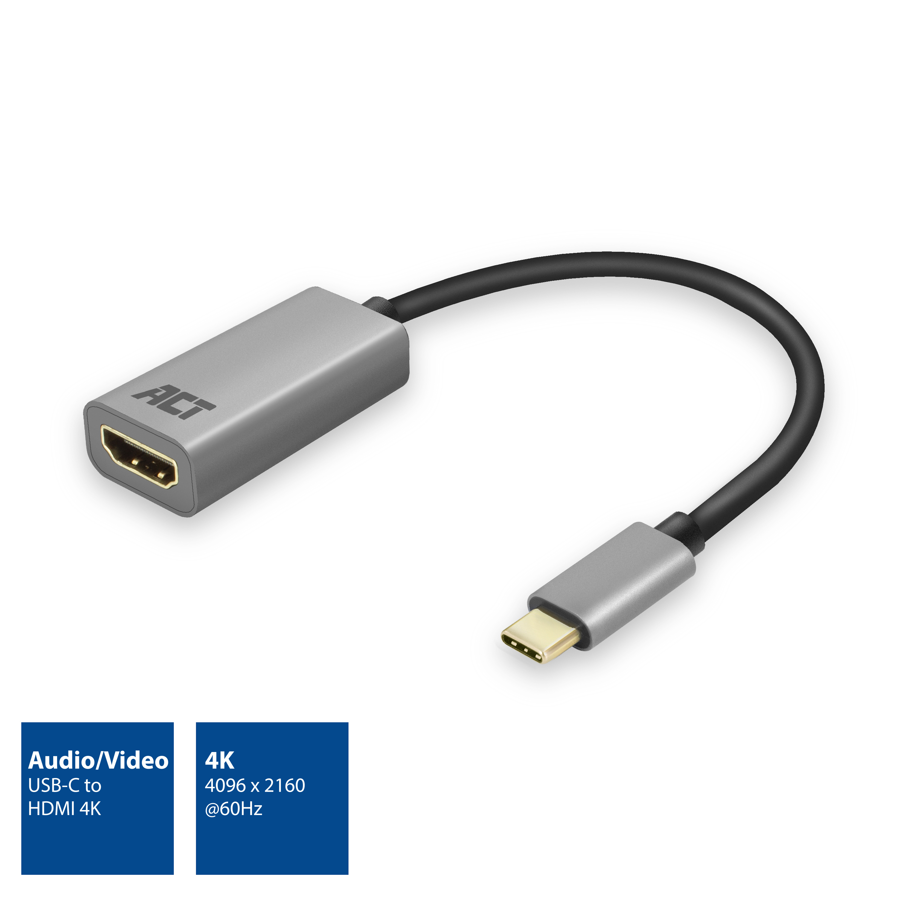 Adattatore USB-C a HDMI, argento, con cavo, su sfondo bianco.
