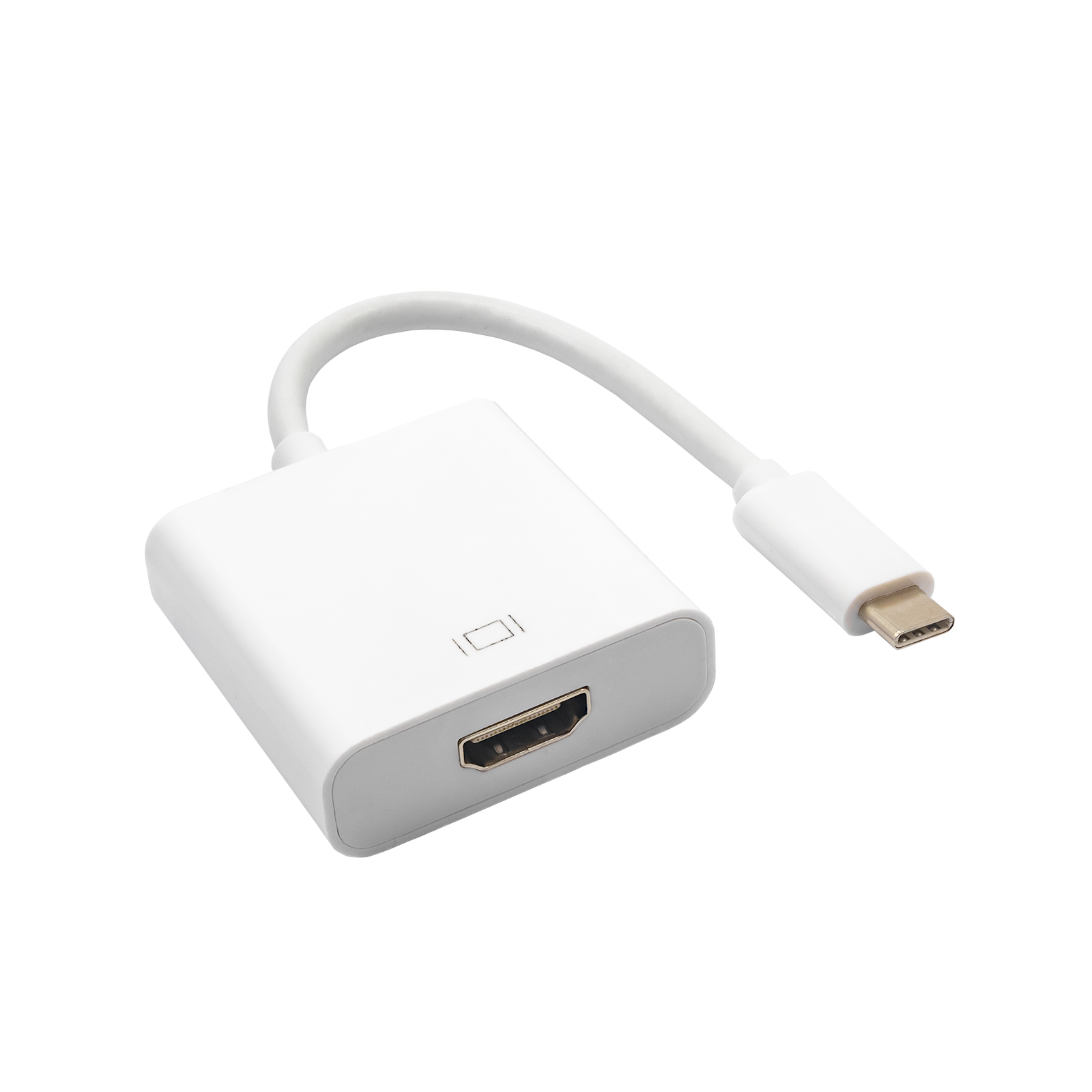 Adaptador USB-C a HDMI blanco. Cable y conector blancos.
