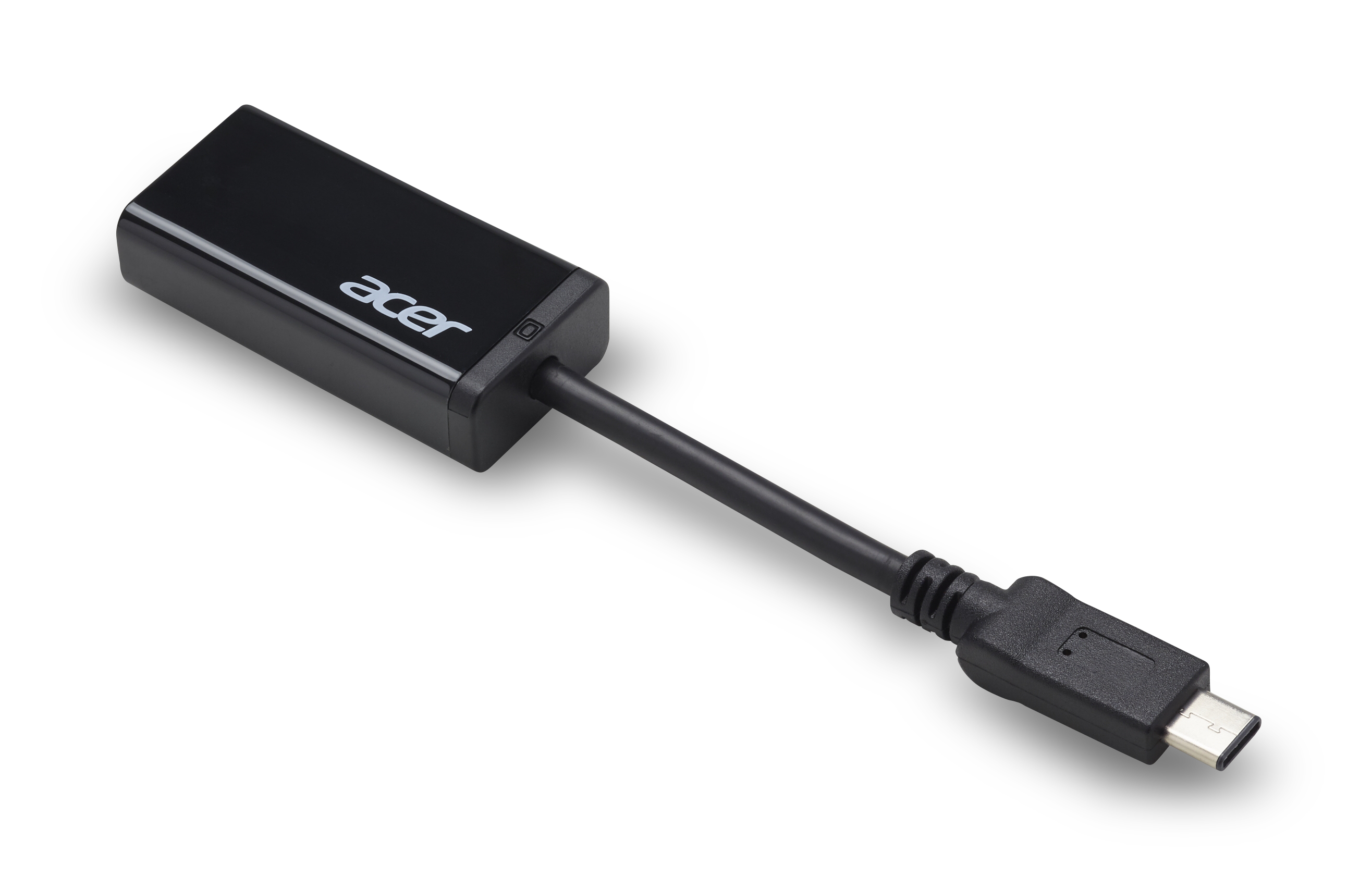 Adaptador Acer negro con entrada USB-C. Fondo blanco. Logotipo Acer.