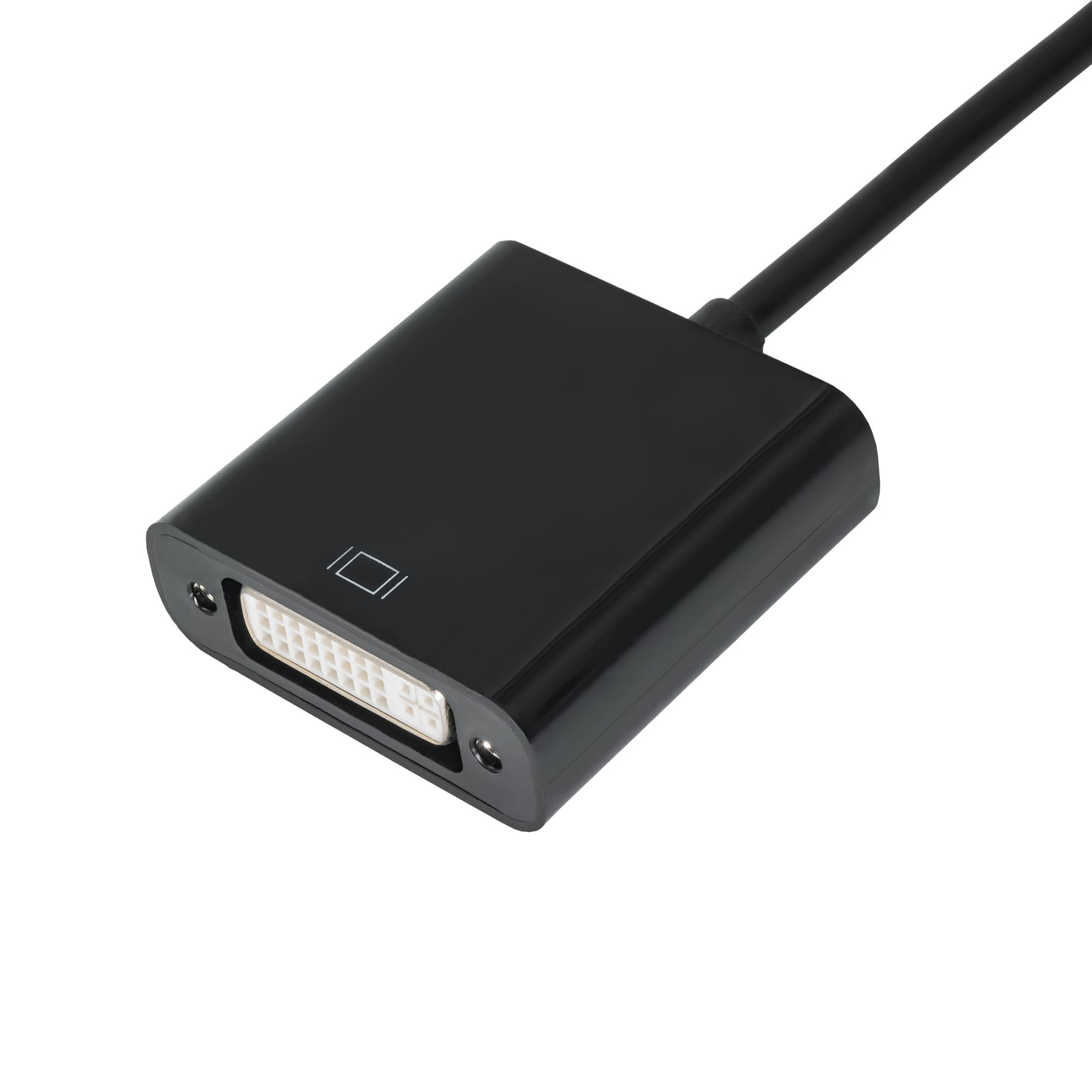 Adaptador DVI negro con conector rectangular. Diseñado para conexiones de vídeo.