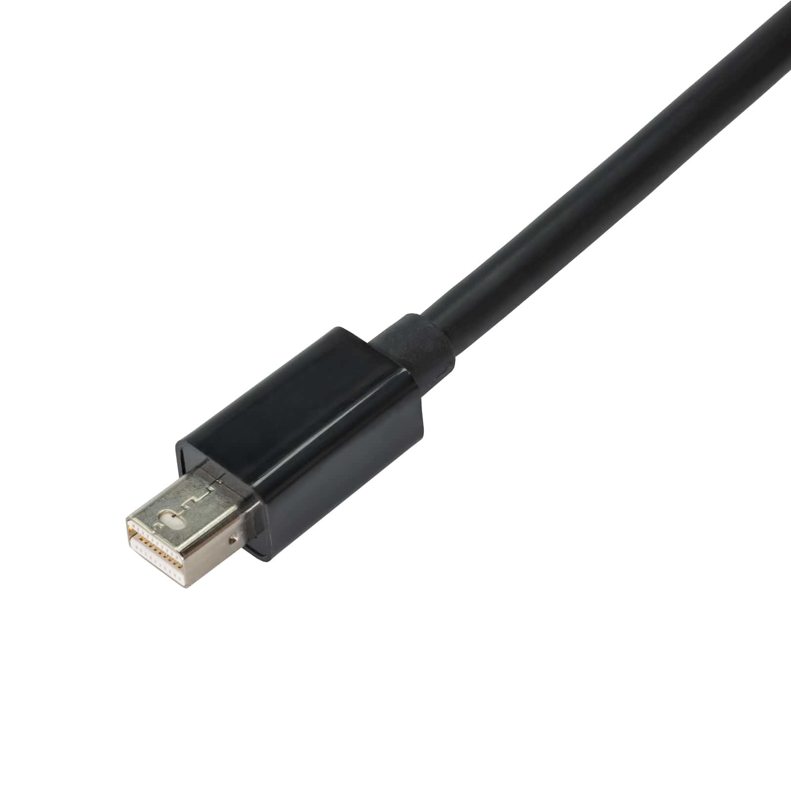 Conector mini puerto de pantalla negro con cable negro, fondo blanco.