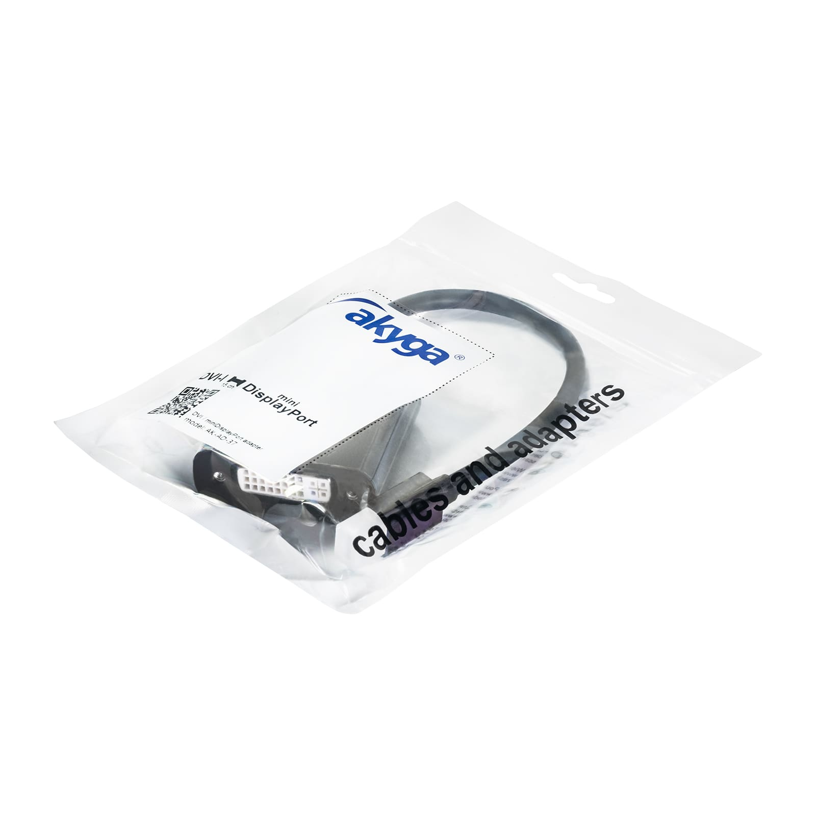 Adaptador Mini DisplayPort a DVI en bolsa plástica. Paquete sobre una superficie blanca.