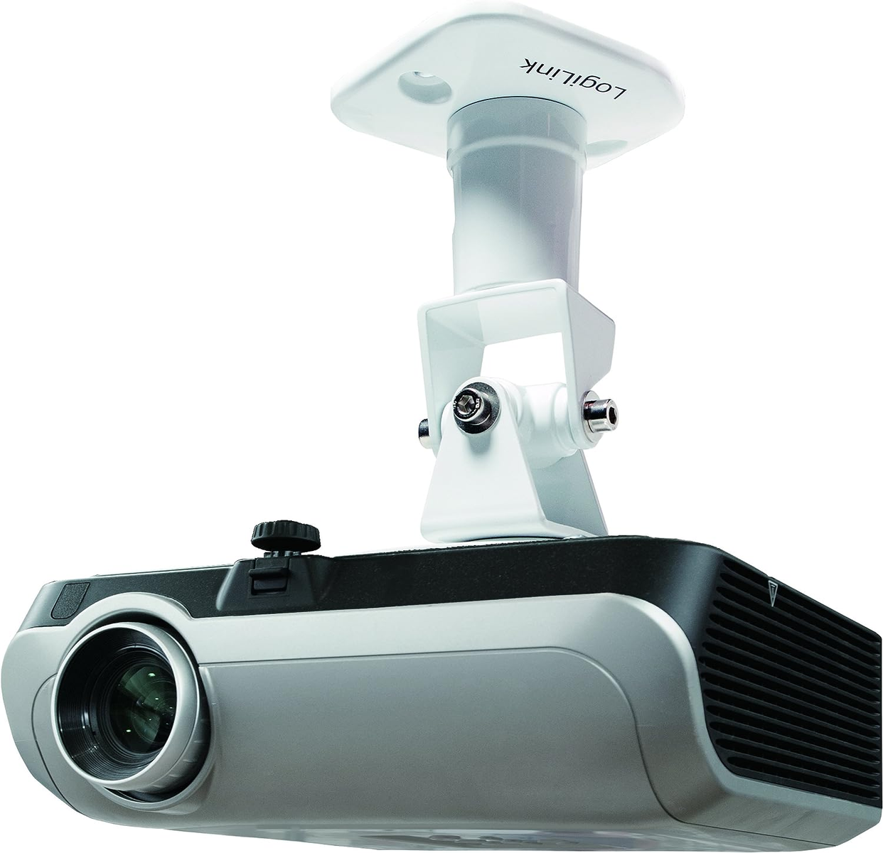 Biały uchwyt do projektora. Logo LogiLink. Montowany do sufitu. Białe tło.